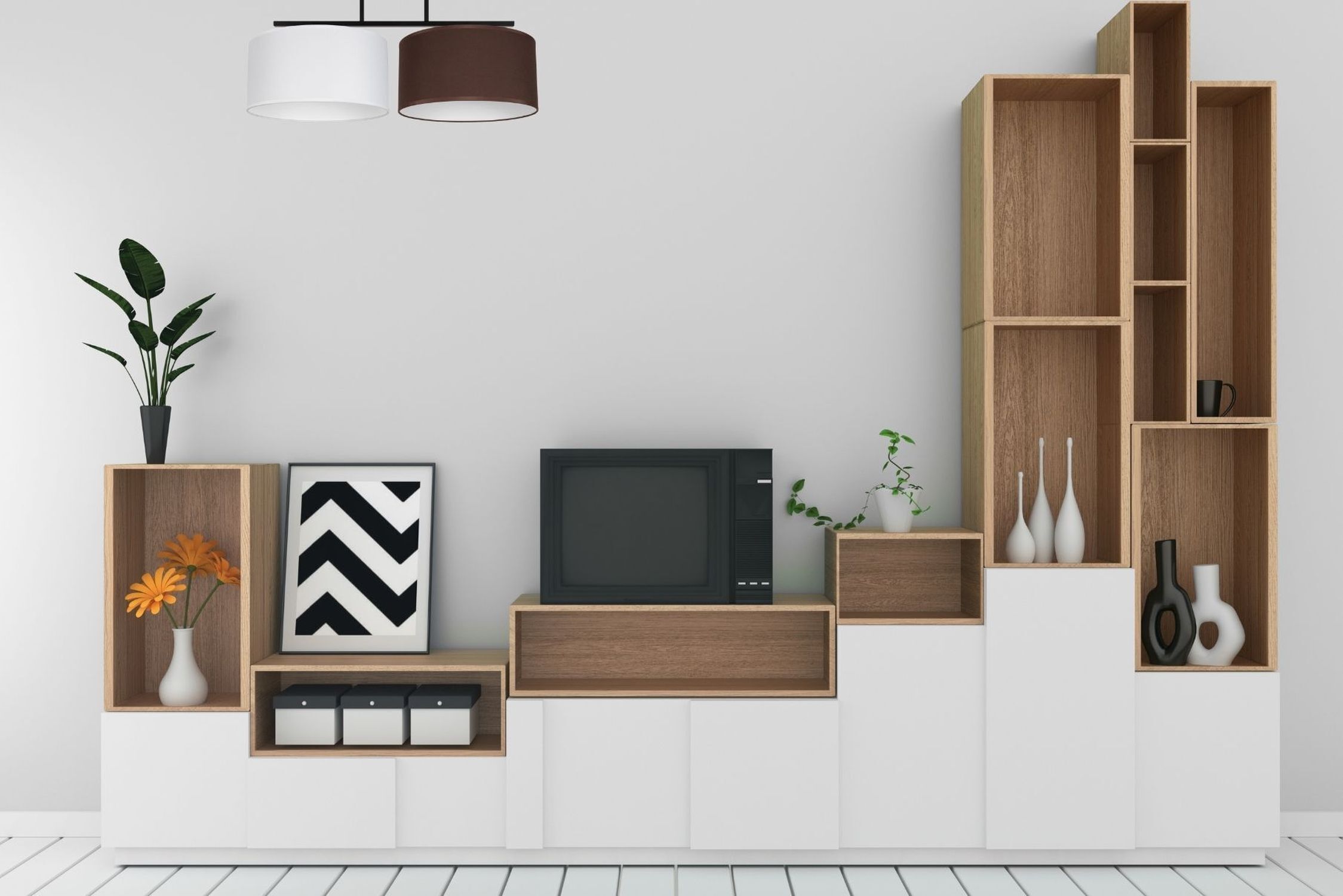 wohnwand, regalwand, tv-möbel, holzregal, vitrine