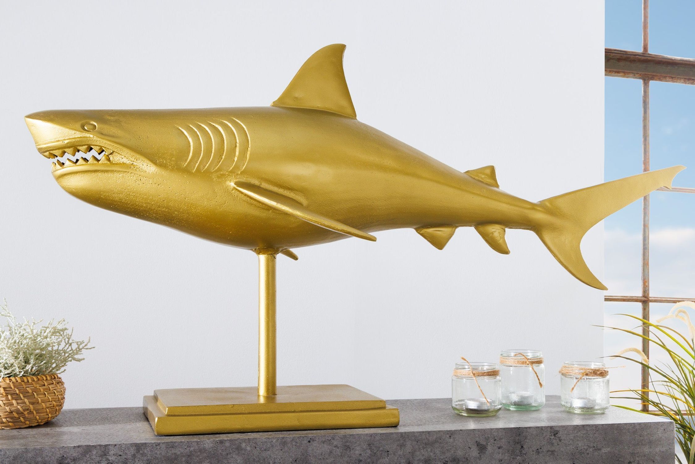 Statue décorative en métal Requin Poisson en or 103 cm de long fait main Tier, Fische, Leben im Meer, Hai