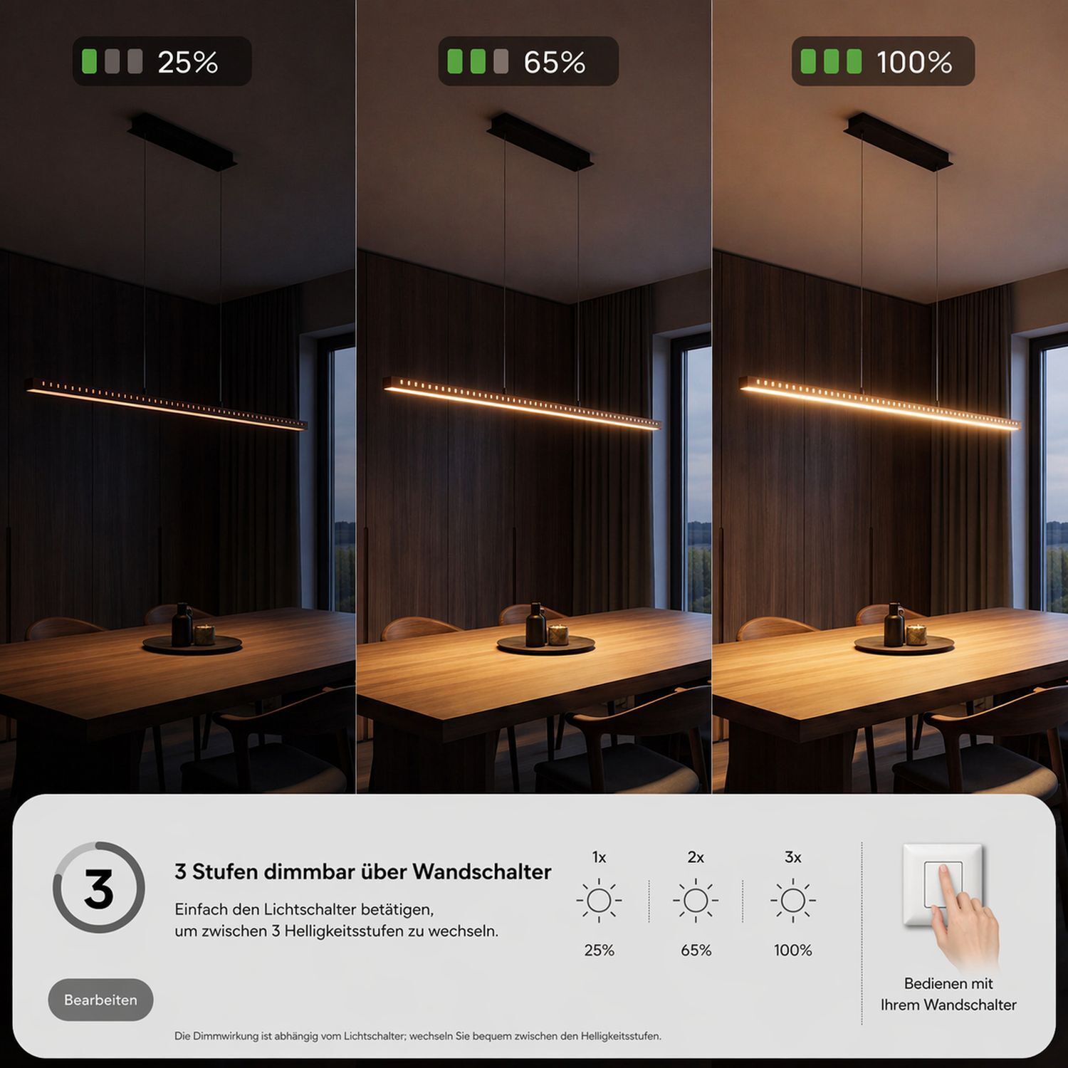  Pendelleuchte, hängende lampe, Holztisch, LED-Streifen, moderner Innenraum