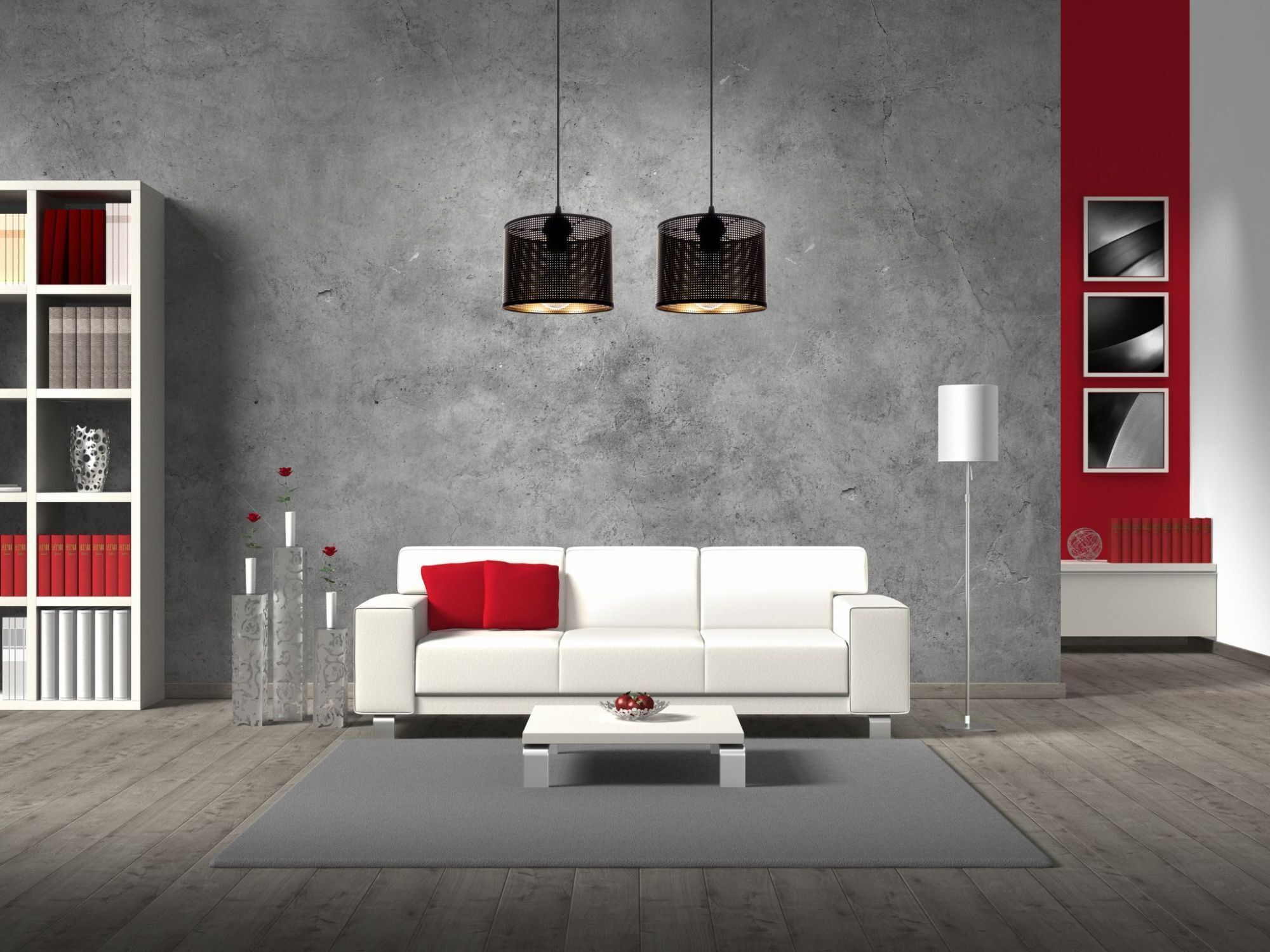 Pendelleuchte Metall Schwarz Gold E27 2-flmg 50 cm lang Sofa, Wohnzimmer, rote Akzente, Betonwand, leuchtende Lampen