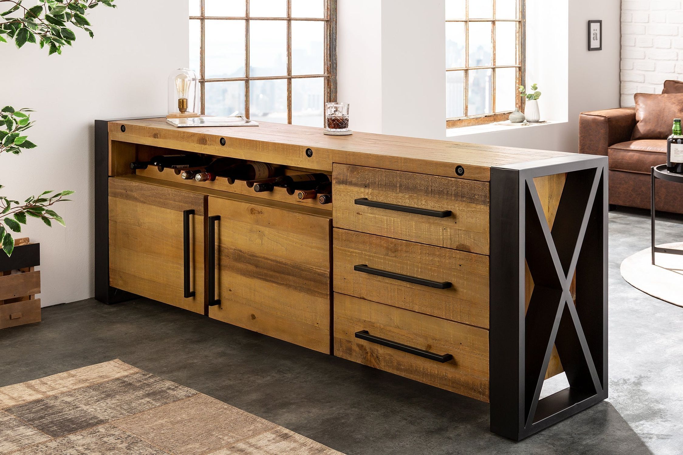 Großes Sideboard Holz Eisen 195 cm breit Industrial Design Moebel, Anrichte, Innenarchitektur, Holz, Küche