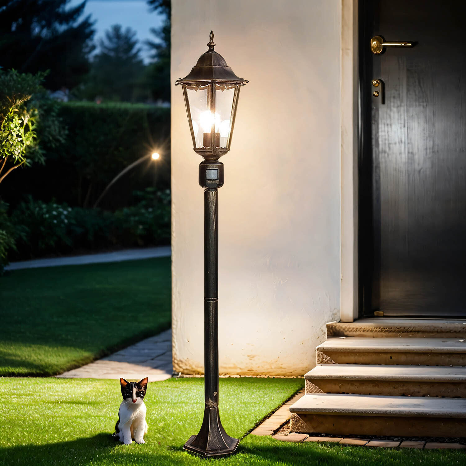 Wegeleuchte mit Bewegungsmelder in Schwarz Kupfer Lampe, Laternenpfahl, Gras, Pflanze, Katze