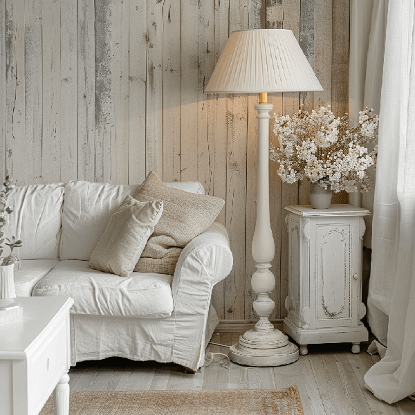 Shabby Chic Lampen Wohnzimmer, Stehlampe, Schneeweiß, Couch, Blumen