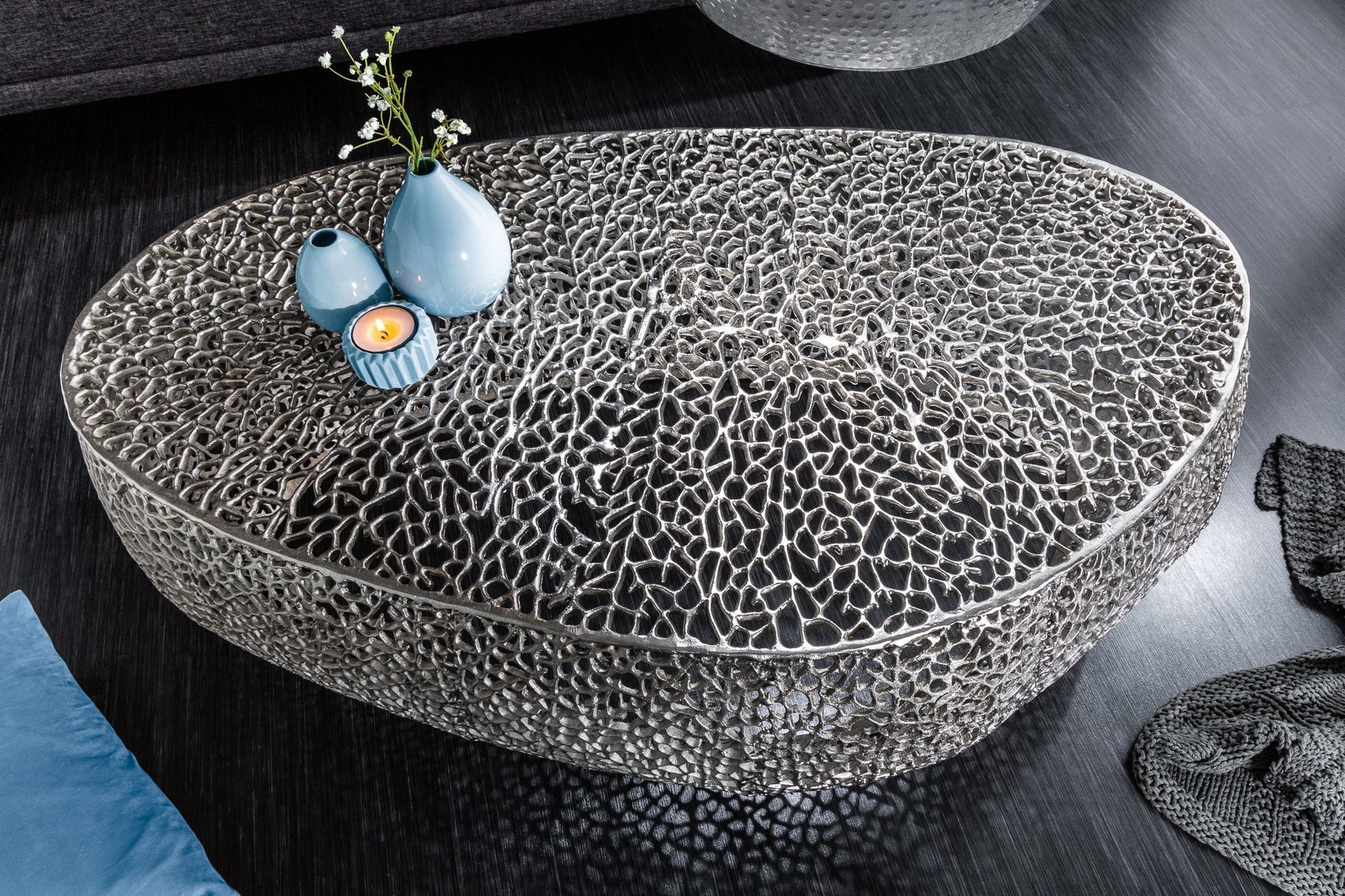 Couchtisch Metall in Silber 122 x 122 cm Handarbeit Moebel, Tabelle, Tischplatte, Teller