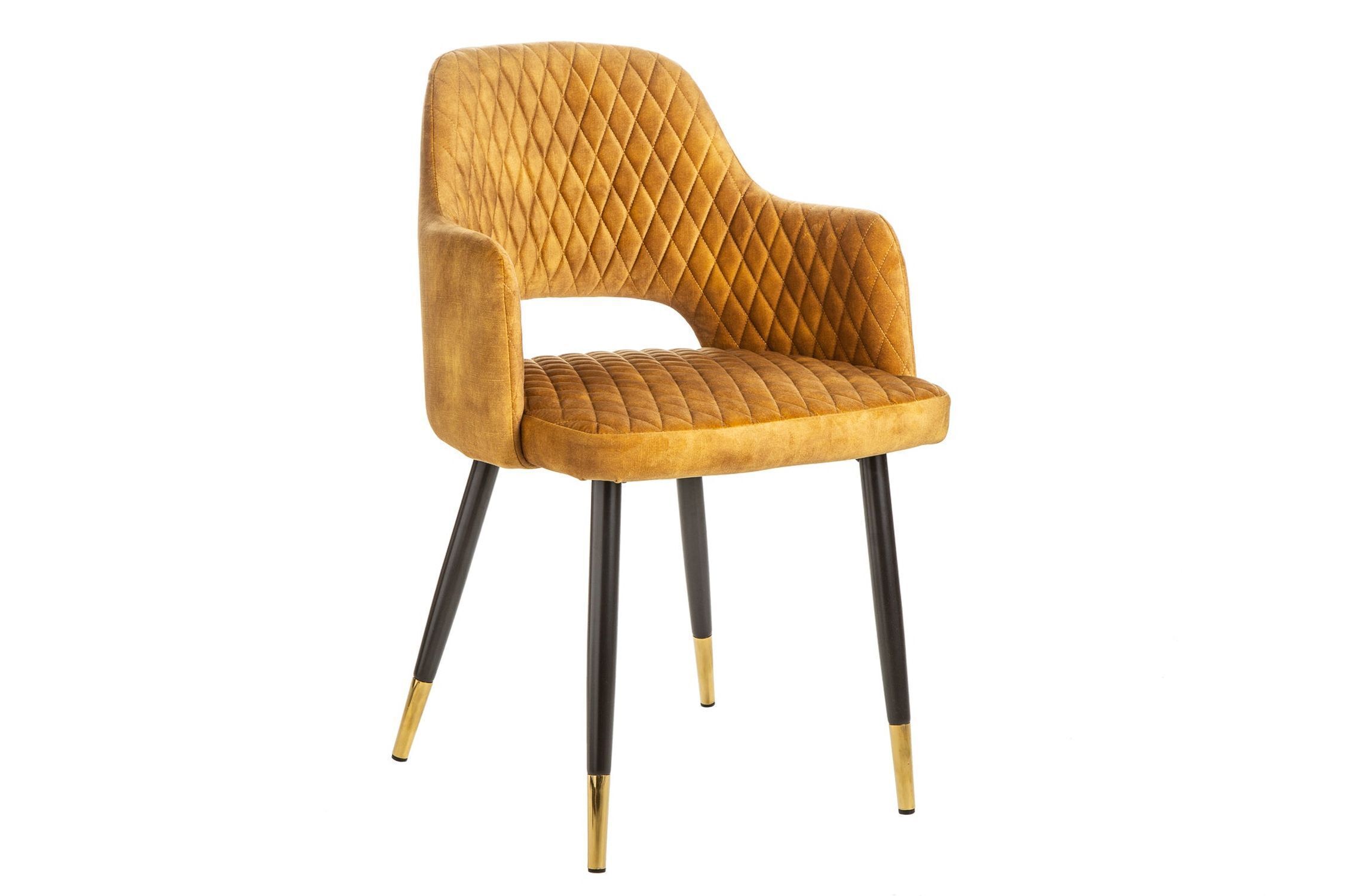 Chaise de salle à manger en velours jaune moutarde avec accoudoirs design rétro
