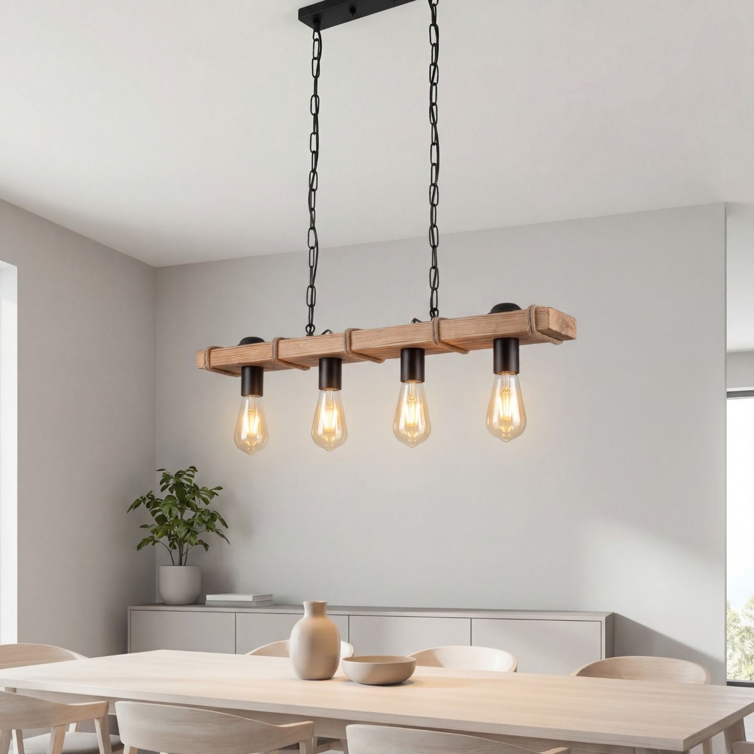 Pendelleuchte, Holzbalken, offene Glühbirne, Industrie-Design, rustikal