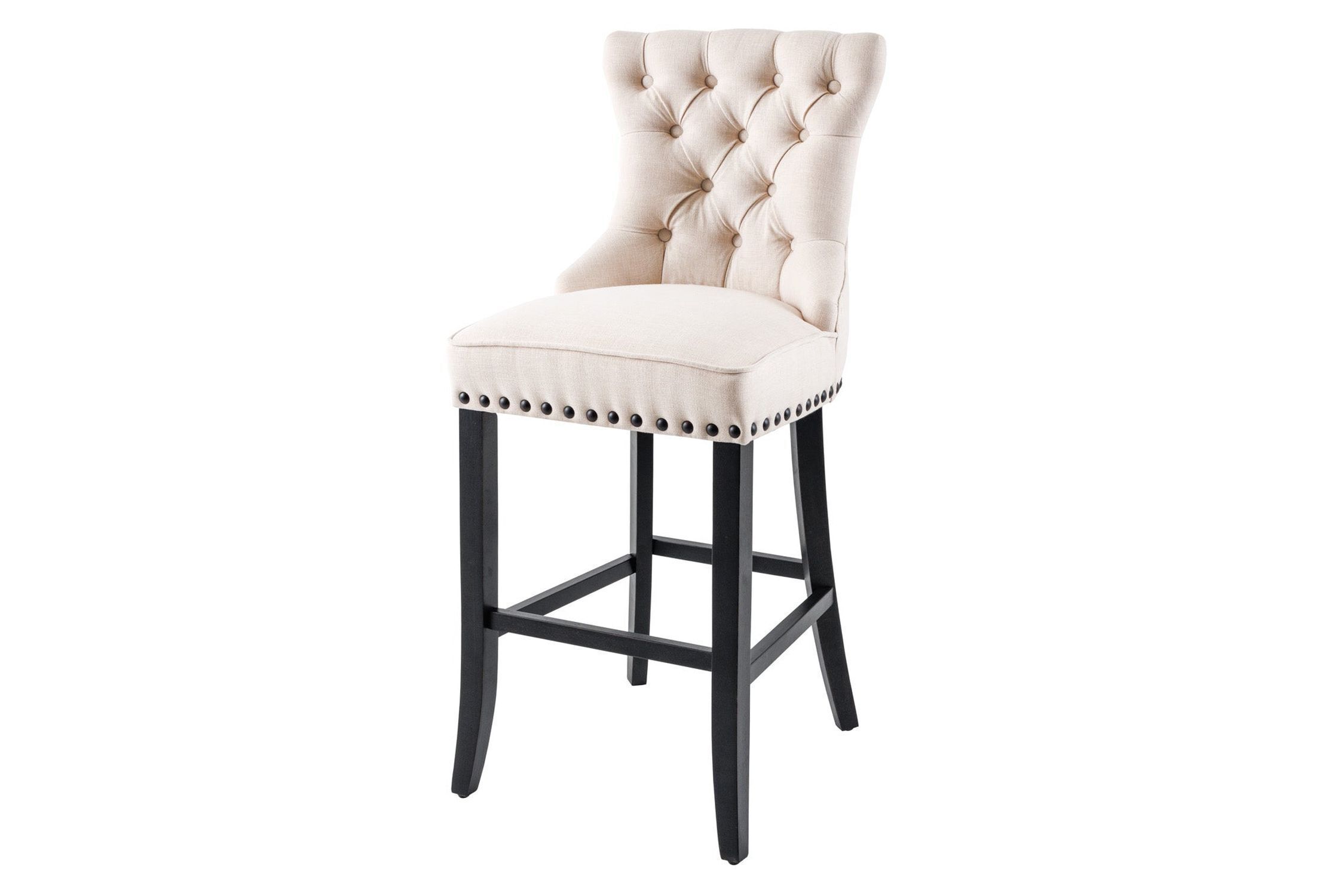 Tabouret de bar avec dossier en beige noir Chesterfield tissu bois