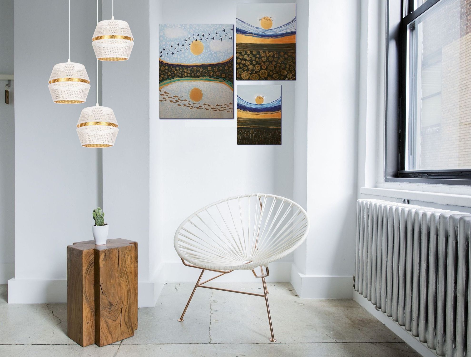 Runde Hängelampe Weiß Gold Metall B:45 cm E27 3-flmg Lampe, Drinnen, Innenarchitektur