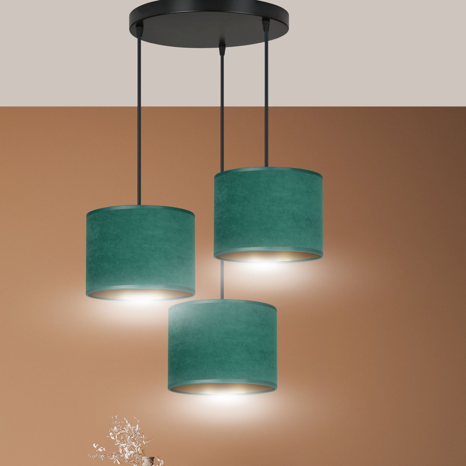 Lampe à suspendre tissu métal noir vert or E27 3-flamme