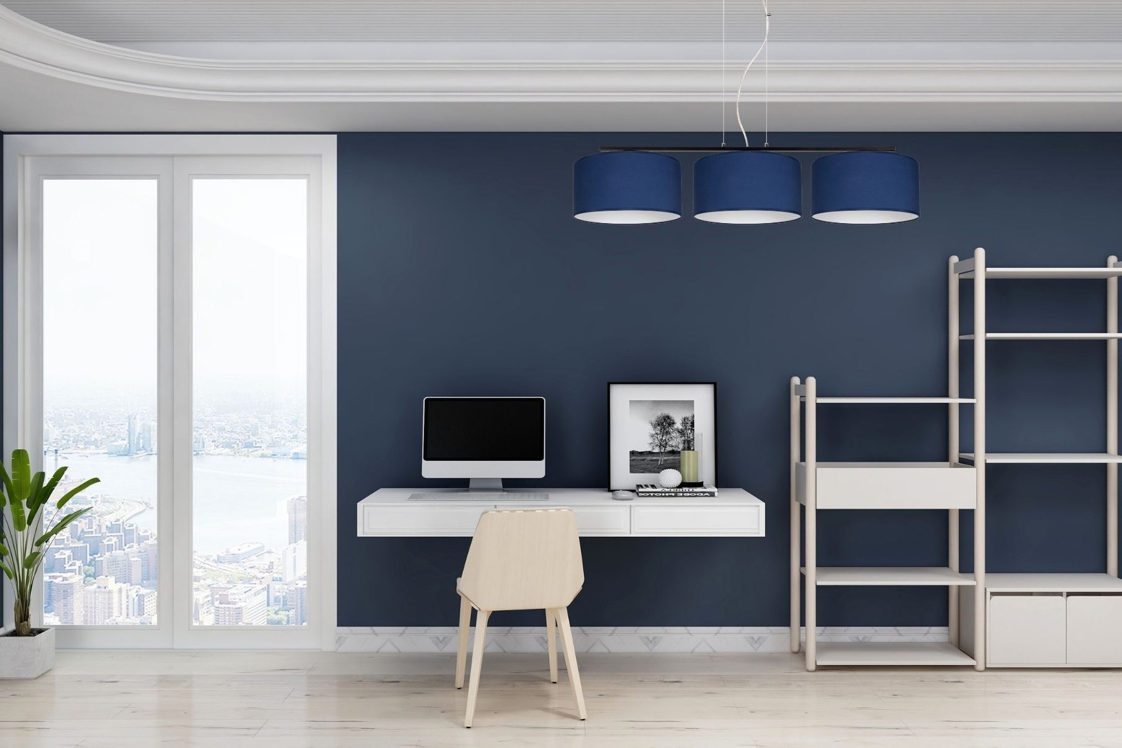 home office, Schreibtisch, Computer, Regale, blaue Wand