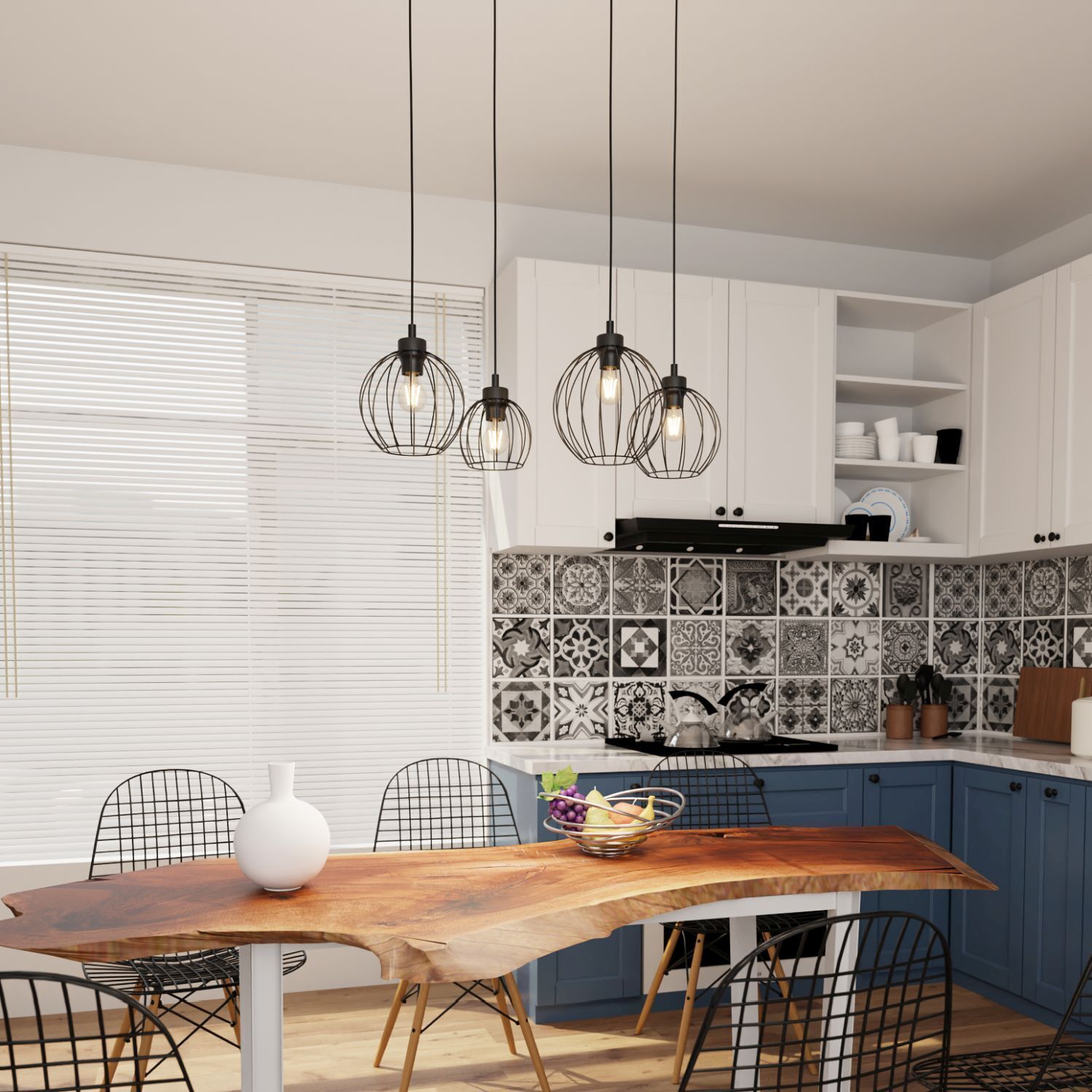 Metall Hängelampe E27 Schwarz 4-flammig L:70 cm lang Speisesaal, Esstisch, Tisch, Innenarchitektur, Küche