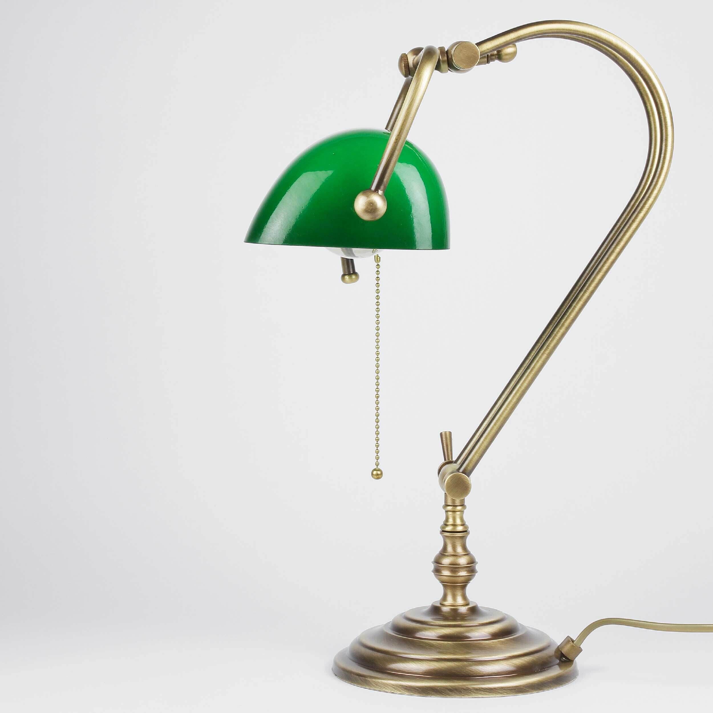 2-bankerleuchte-bronze-zugschalter Schreibtischlampe, grüner Lampschirm, Messingmetall, verstellbarer Arm, Kette zum Einschalten