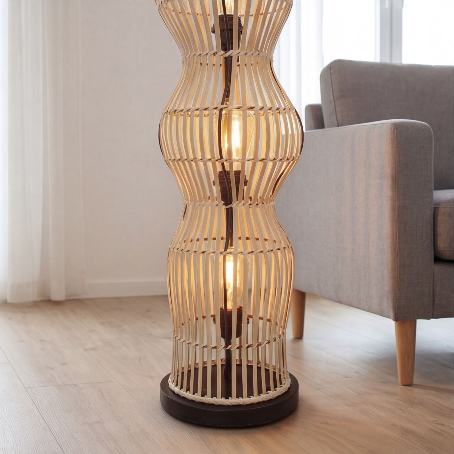 Kleine Stehlampe Bambus Natur 111 cm E27 Skandinavisch Lampenfuß, Steh-Leuchte, Rattan, Holzstruktur, Beleuchtung