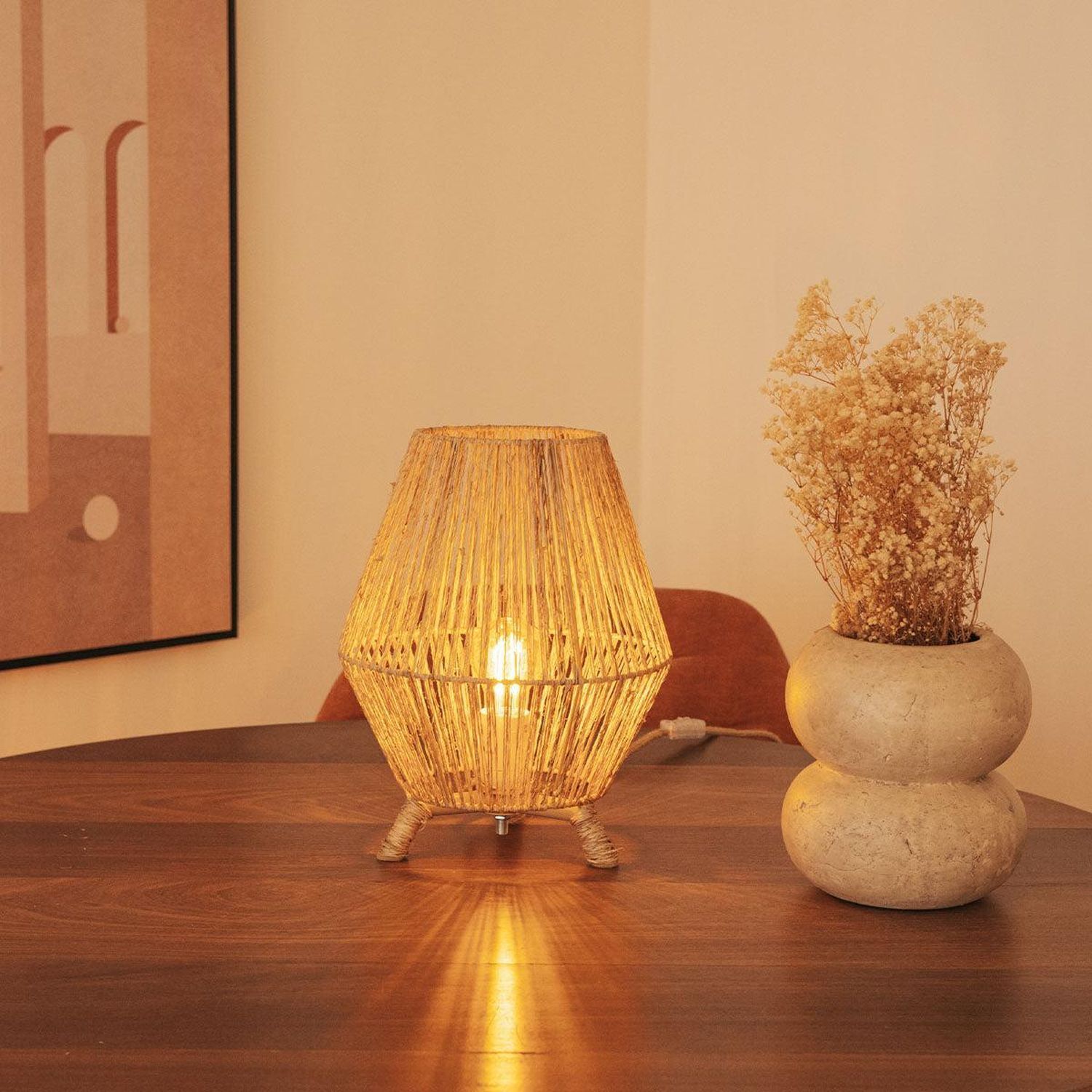 Lampe d'appoint Trépied en rotin H : 32,5 cm E27 YILAN Lampe, Hartholz, Holz, Fußboden, Gebeiztes Holz