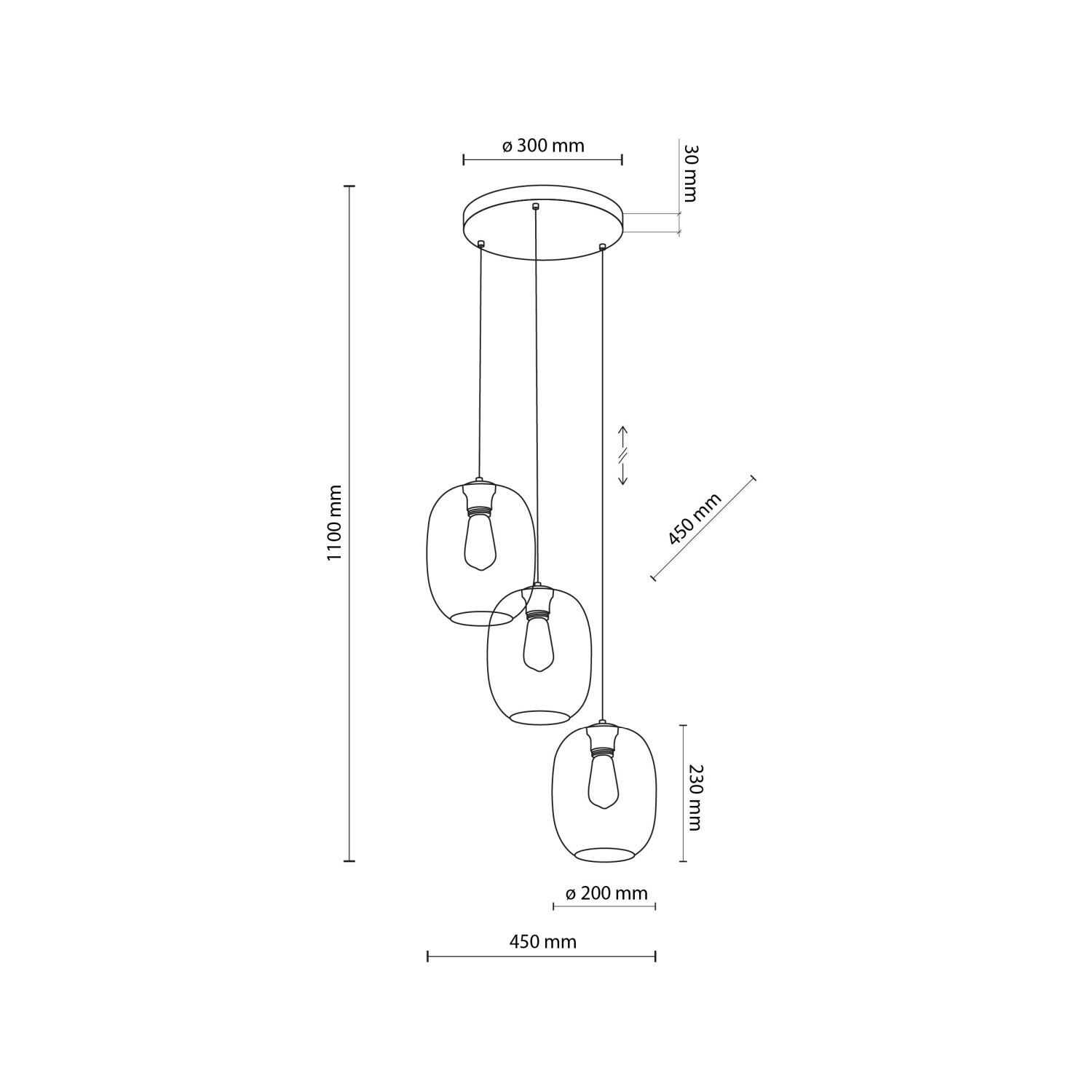 Hängelampe Rauchglas H: max. 110 cm Ø 45 cm 3-flammig E27