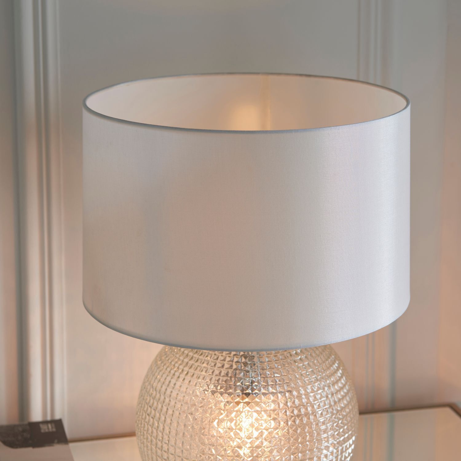 Lampe de table verre cristal tissu base éclairée blanc