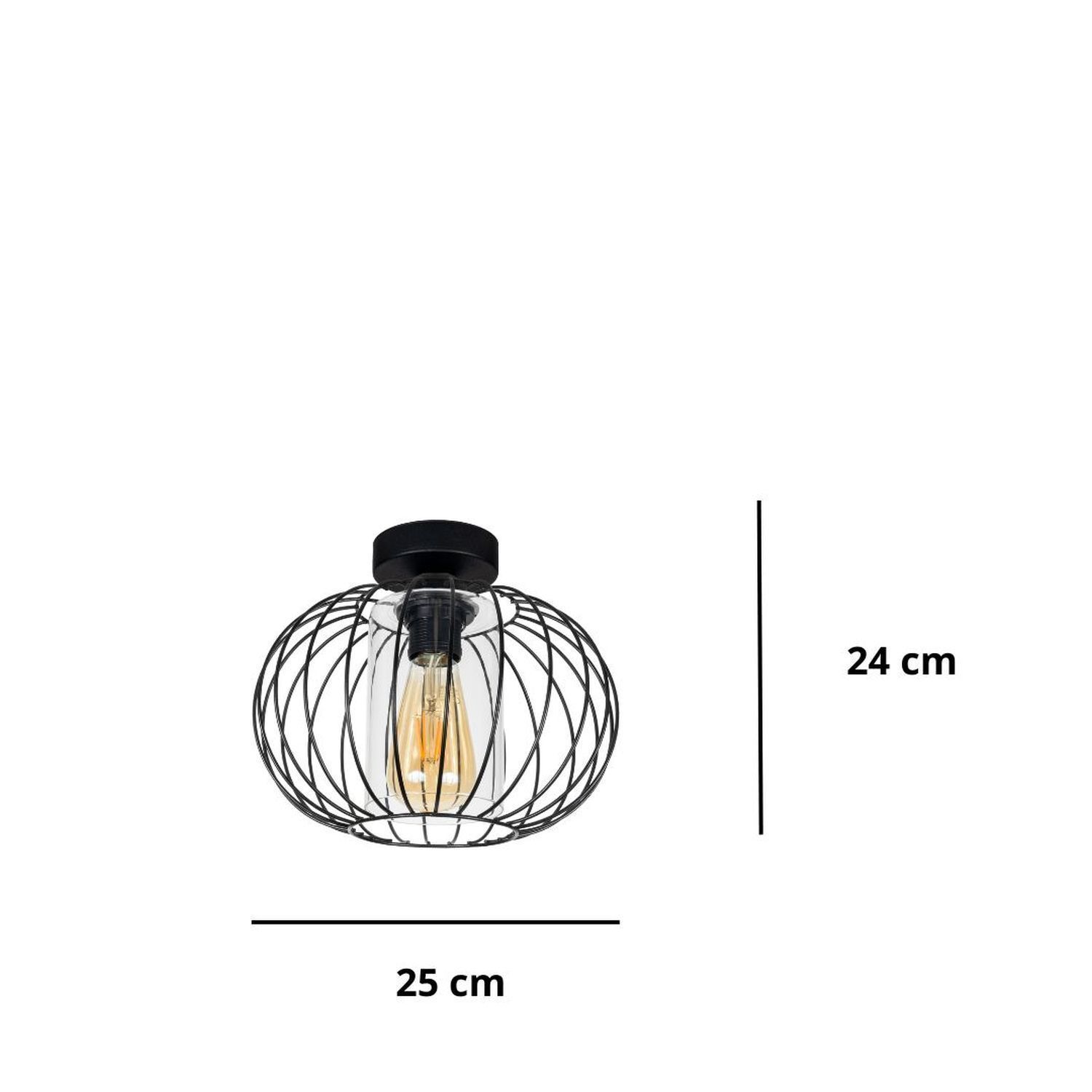 Deckenlampe Metall E27 rund Ø25 cm Schwarz Retro Design Wandleuchte, Lichtfassung, Metallkonstruktion, Glühbirne, Maße 25x24 cm