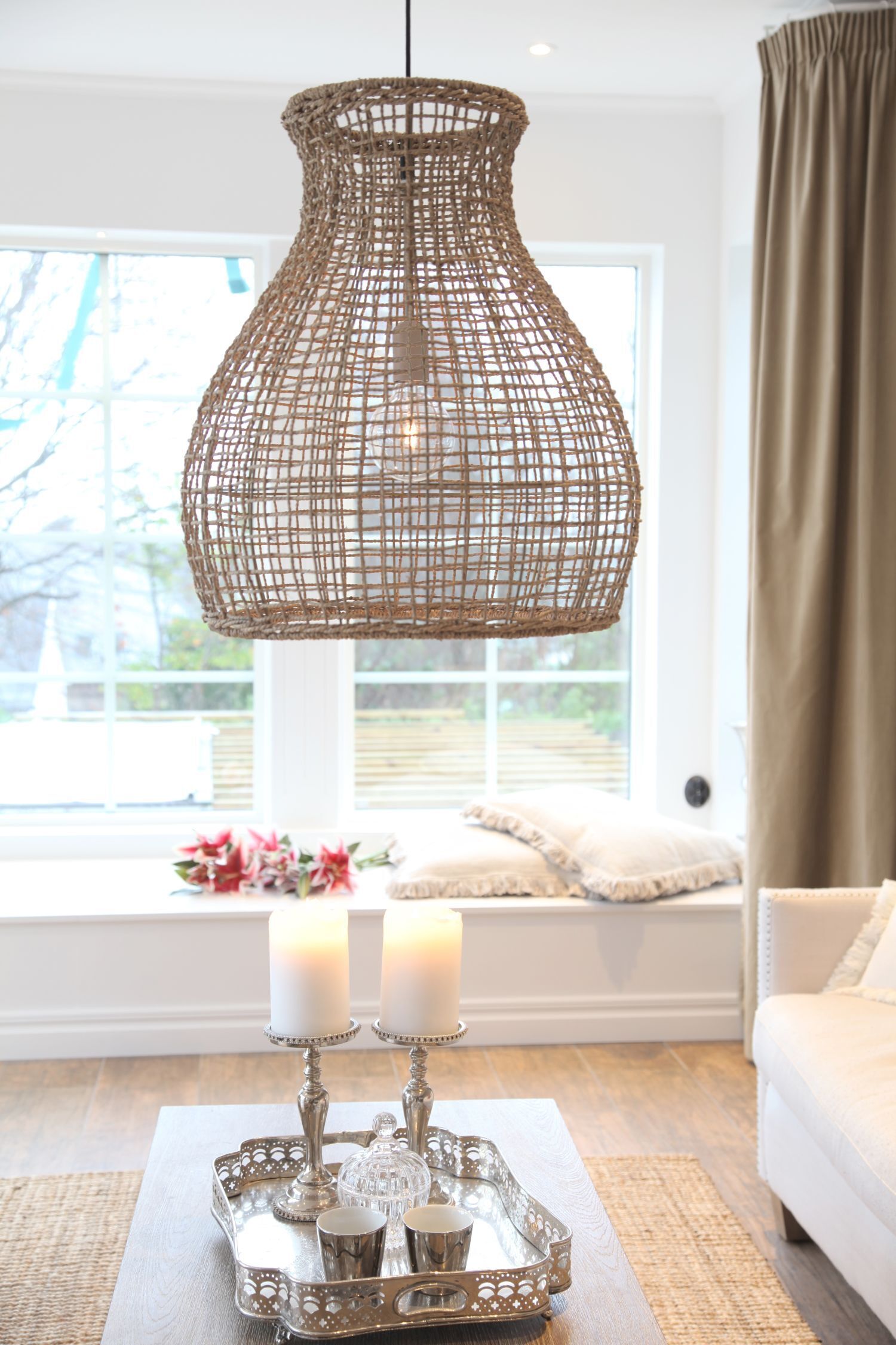 Hängelampe Korb Boho 49 cm breit E27 aus Seegras Metall Lampe, Kronleuchter