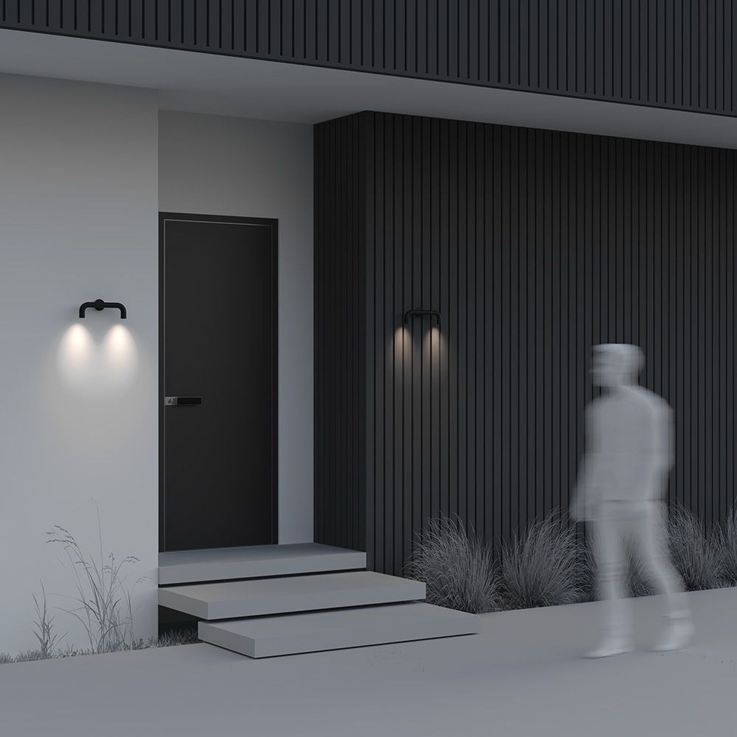 dunkle Fassade, moderne Haustür, Außenbeleuchtung, Stufenplatte, Gehweg Gras