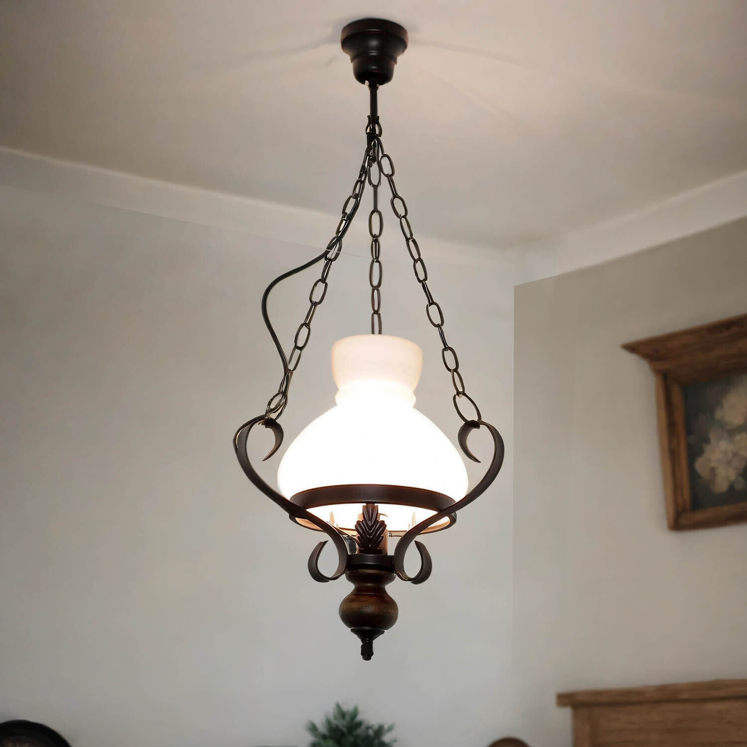 Echt-Holz Hängelampe Glas Metall Landhausstil E27 Lampe, Kronleuchter, Leuchte