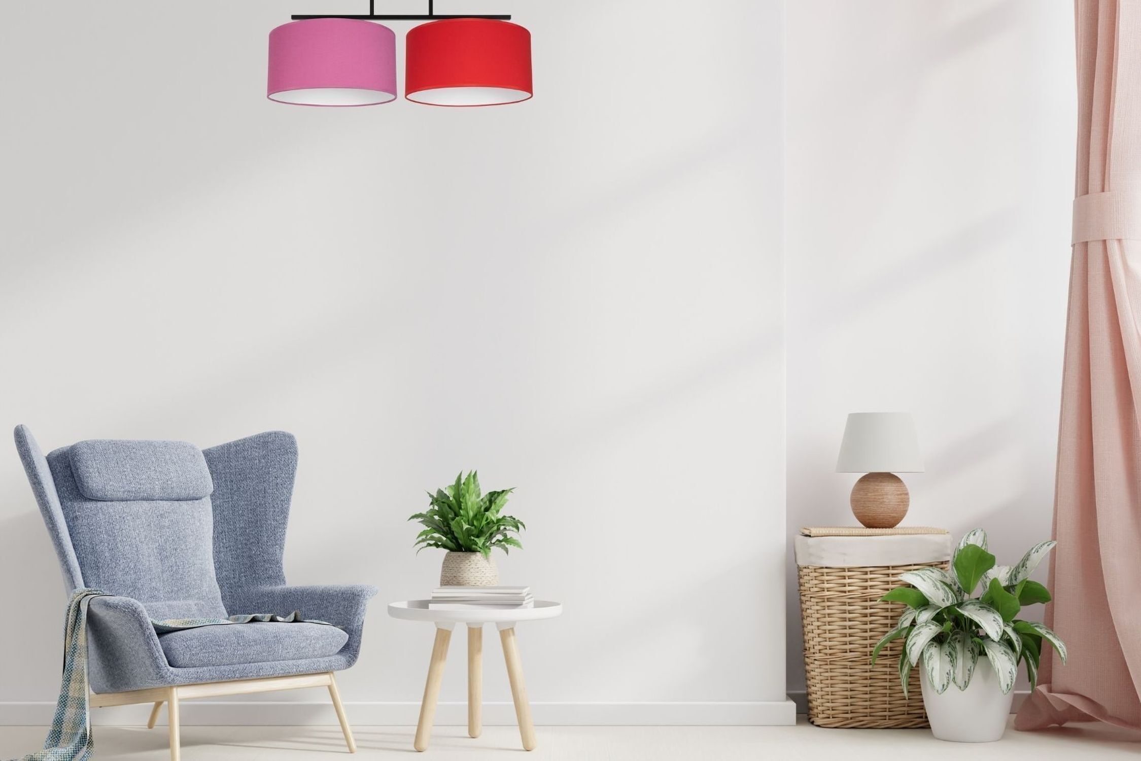 Gemütliche Deckenlampe Stoff Rosa Rot E27 L:70 cm Lampe, Pflanze, Stuhl, Mobiliar