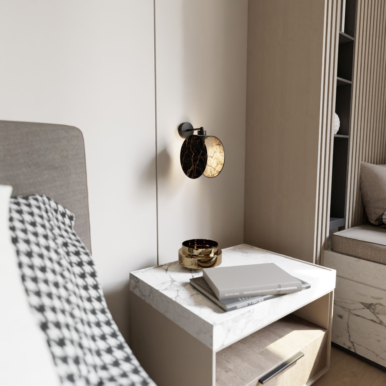 Wandleuchte Marmor Optik Ø 20 cm rund Schwarz Gold E27 Kissen, Dekoration für Zuhause, Innenarchitektur, Lampe