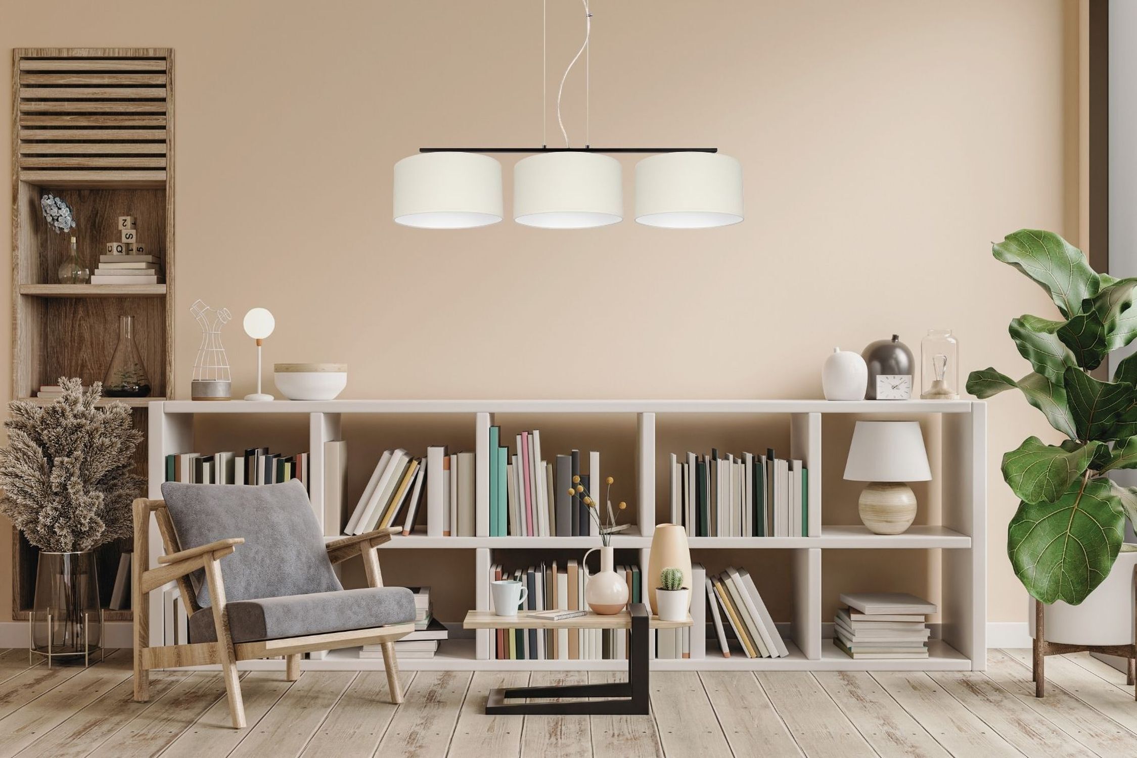 Wohnzimmer, Bücherregal, Sessel, Beleuchtung, Pflanze