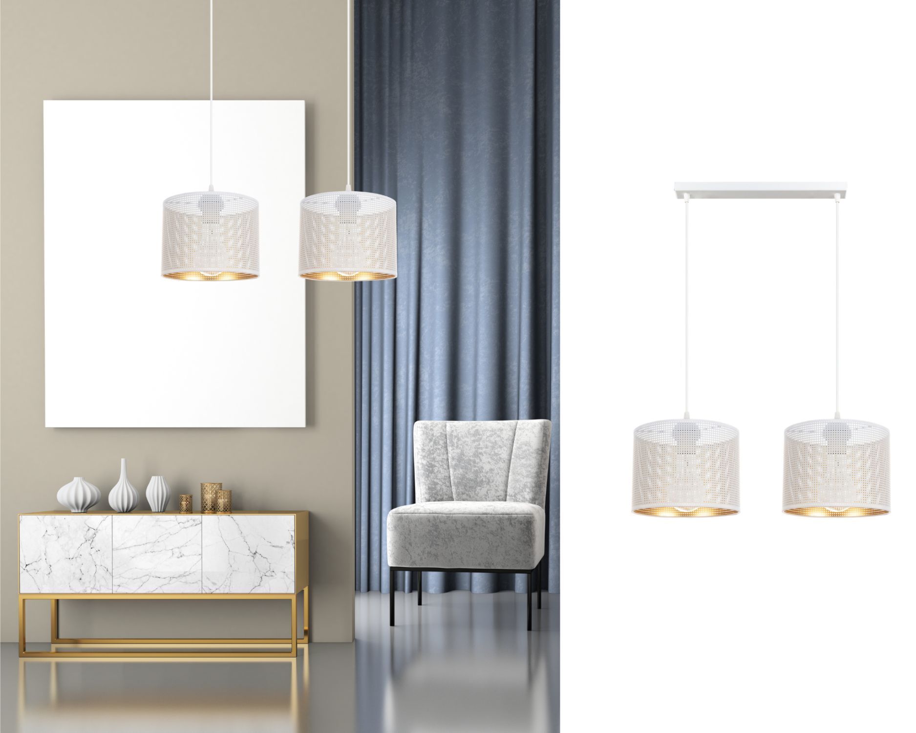 Suspension métal blanc or E27 2-flmg 50 cm de long