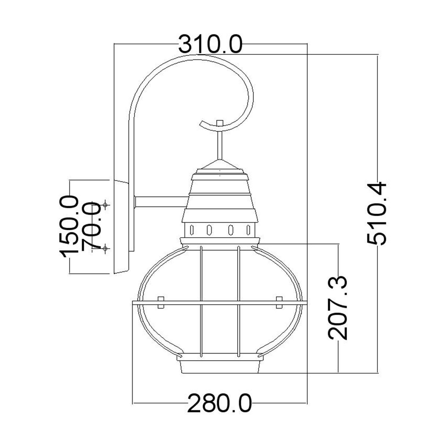 Applique murale extérieure Abat-jour sphérique Aluminium Verre Hauteur 51 cm IP44 Diagramm, Handlung, CAD-Diagramm