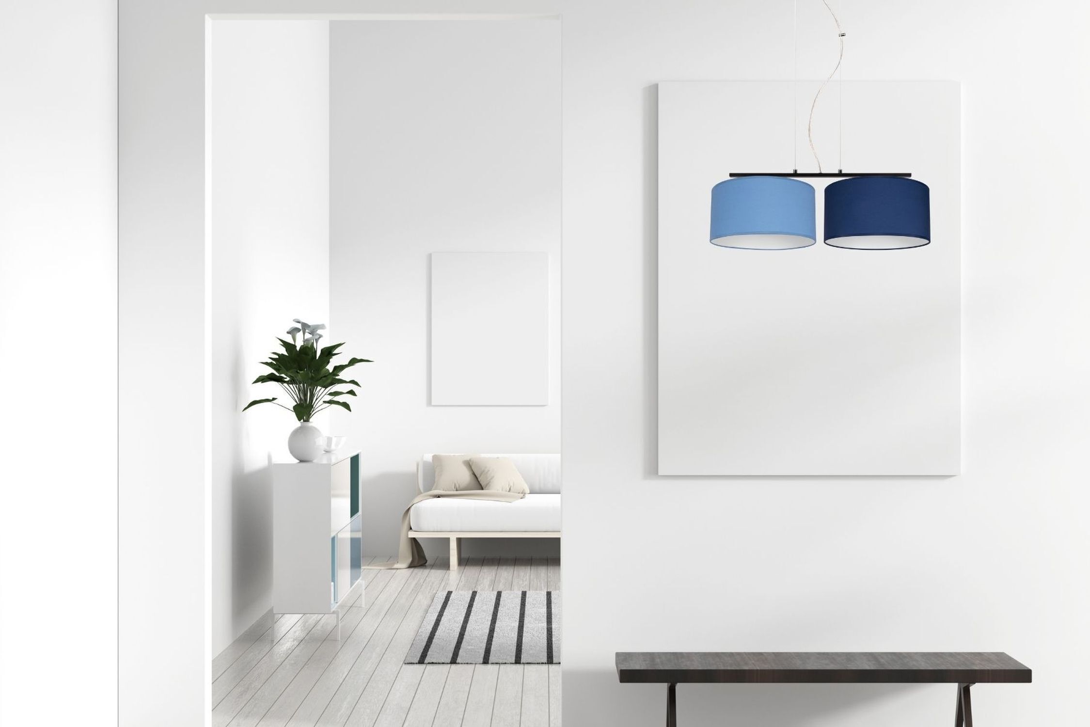 Lampe à suspendre allongée Tissu Noir Bleu E27 L:70 cm