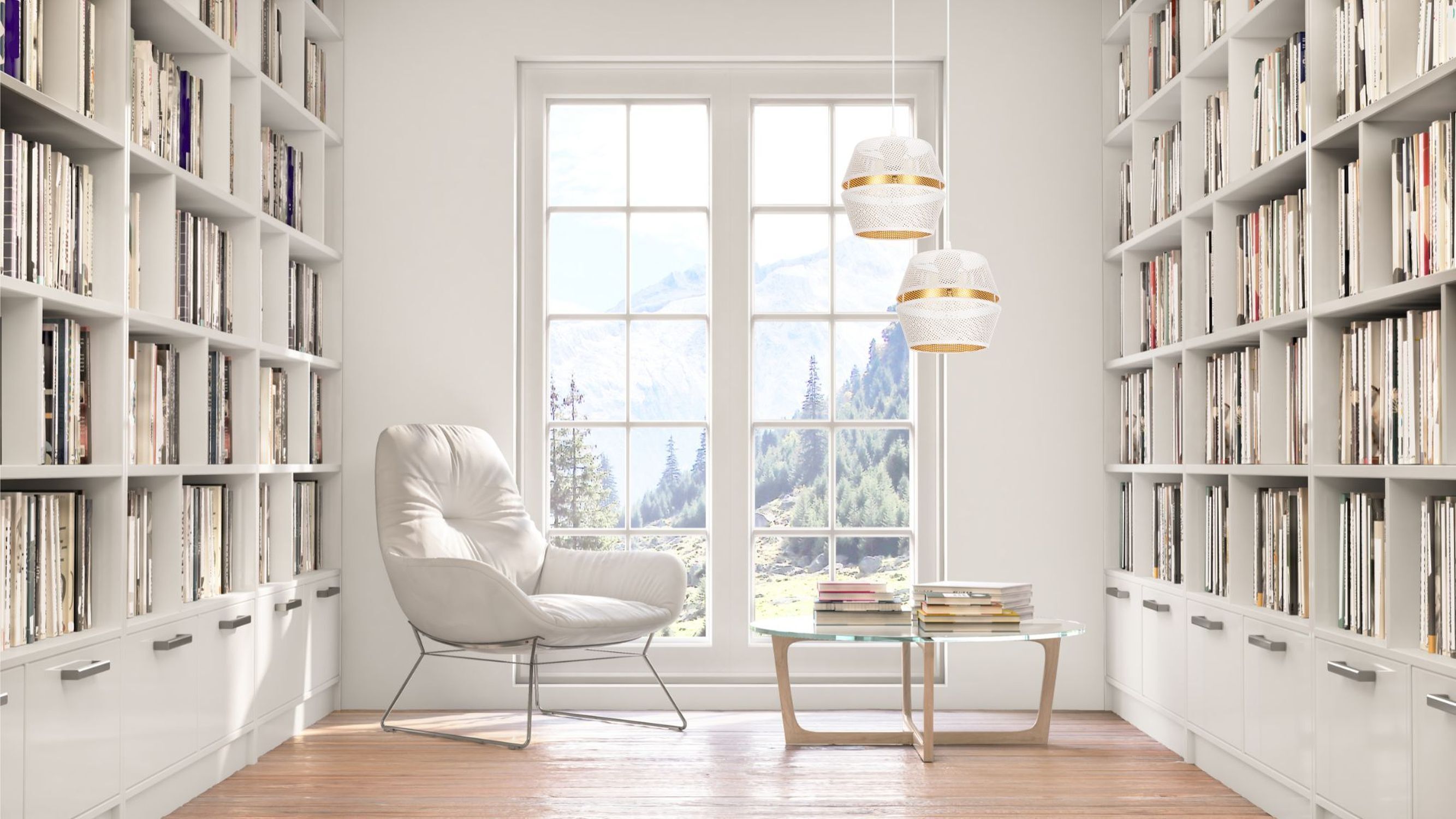 Pendelleuchte Weiß Gold Metall 2-flammig B:40 cm E27 Moebel, Bücherschrank, Drinnen, Bibliothek, Veröffentlichung