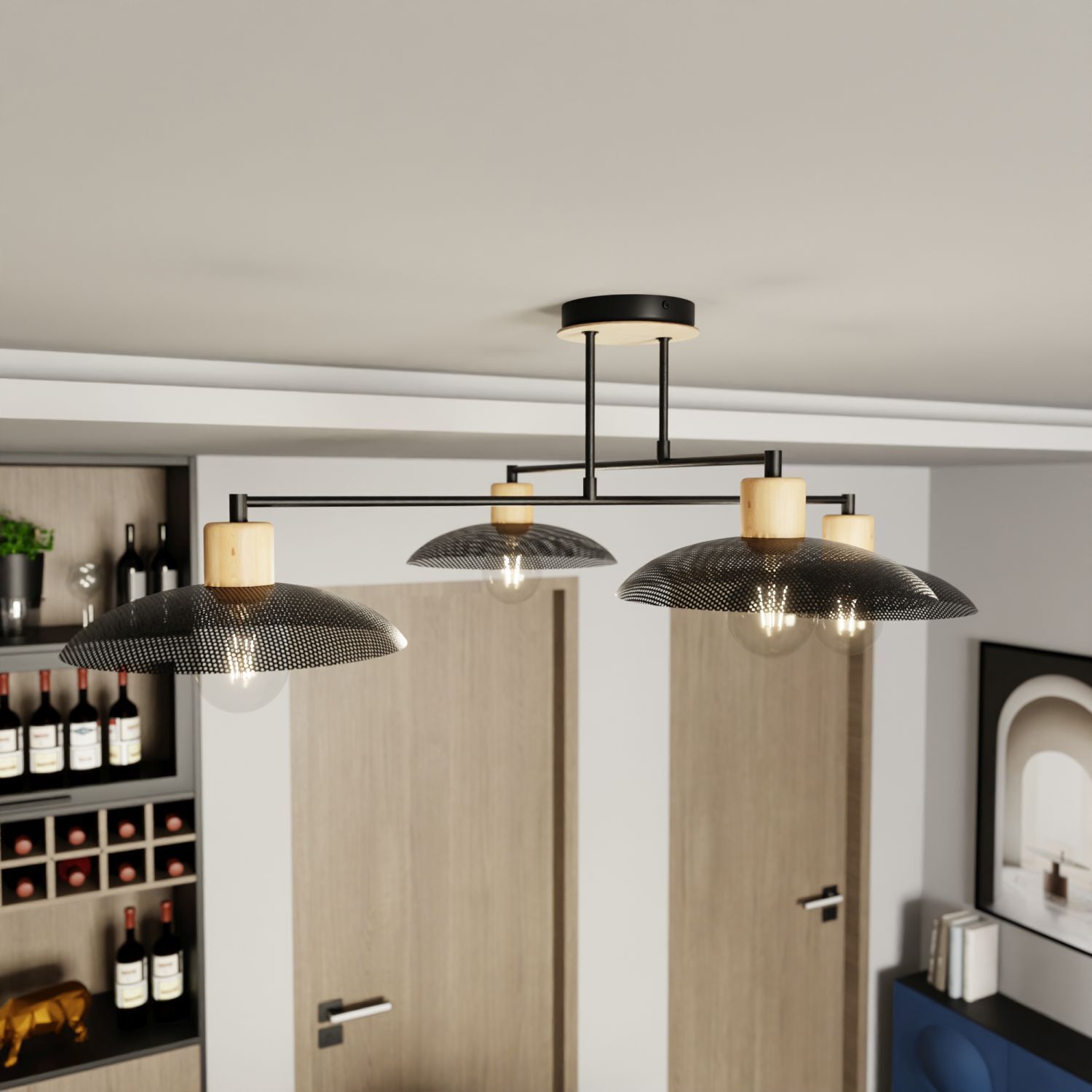 Deckenlampe Schwarz Holzoptik 100 cm lang Metall E27 4-flammig Alkohol, Getränk, Schnaps, Wein