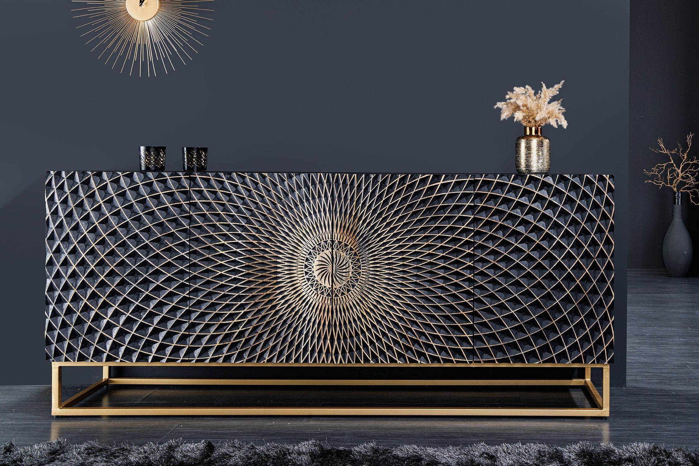 Sideboard Schwarz Gold 177 x 76 cm Ornament Türen Handarbeit Moebel, Anrichte, Tabelle, Drinnen, Innenarchitektur