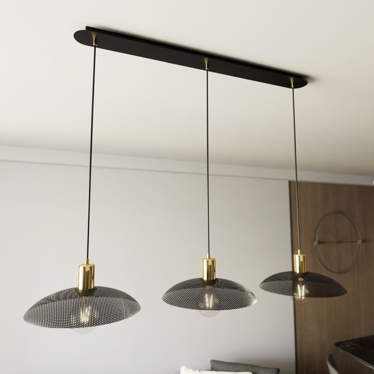 Suspension 3 flammes L : 90 cm Métal noir or E27