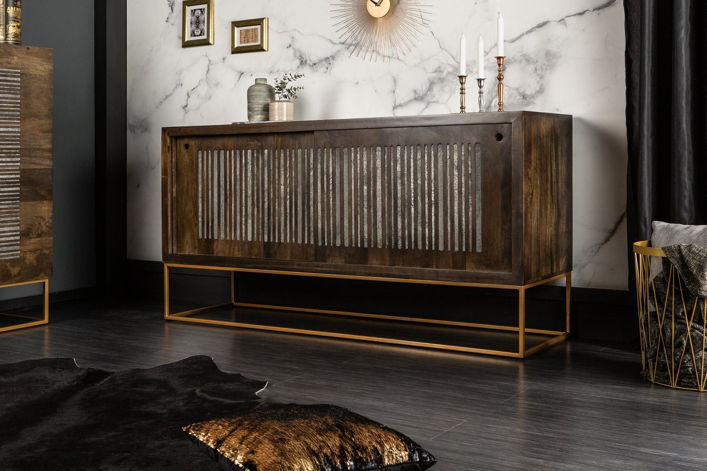 TV Lowboard bois de manguier agate métal 160 x 86 cm porte coulissante