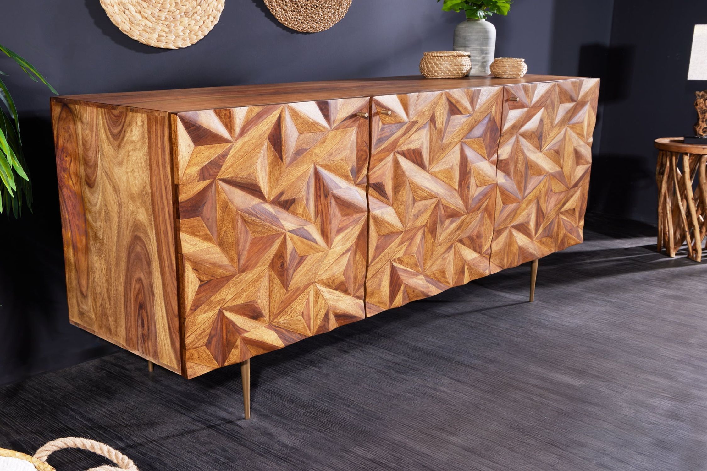 Sideboard Sheesham Holz Metall 145 cm breit Handarbeit Moebel, Anrichte, Holz, Hartholz, Gebeiztes Holz