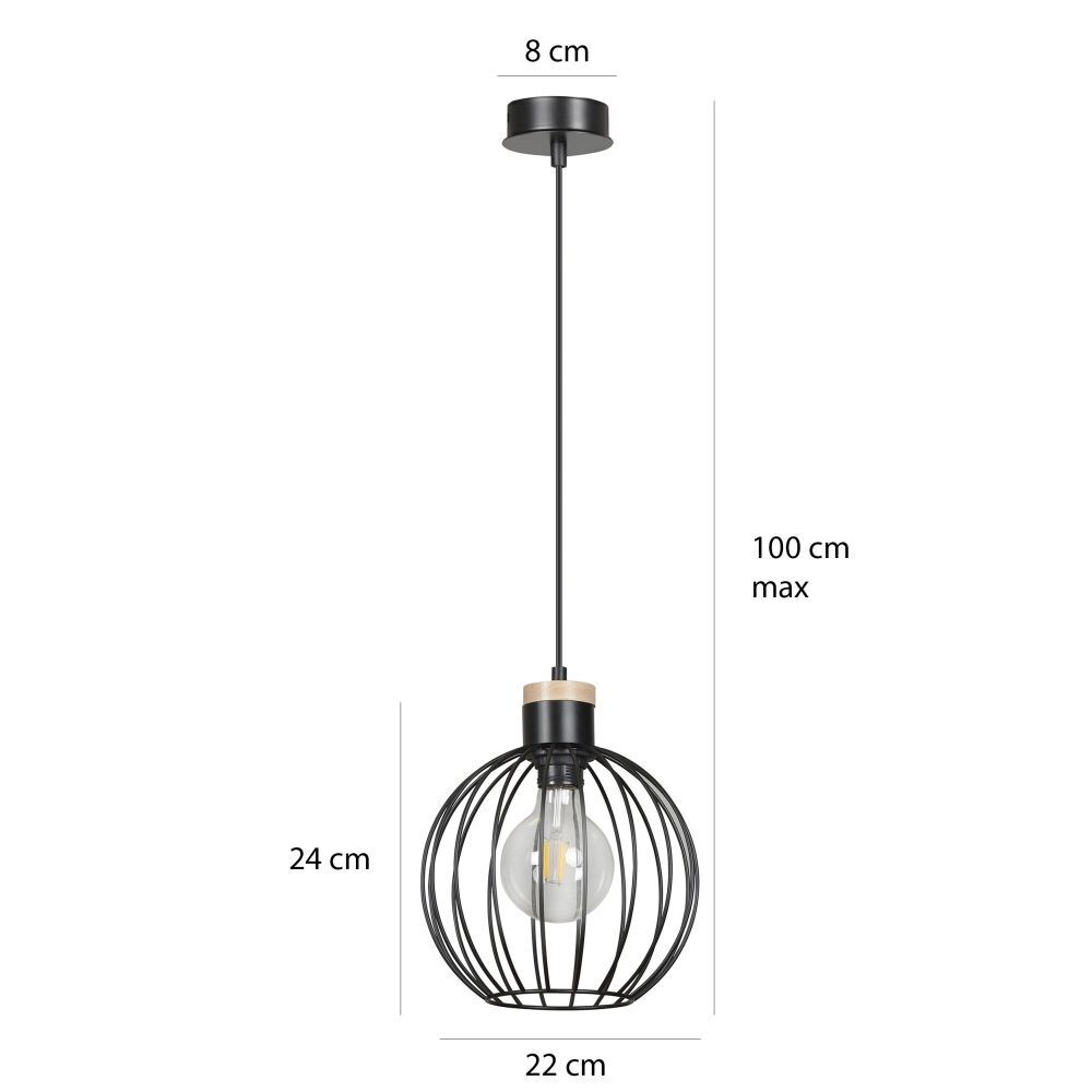 Suspension ronde boule Ø22cm rétro noir métal
