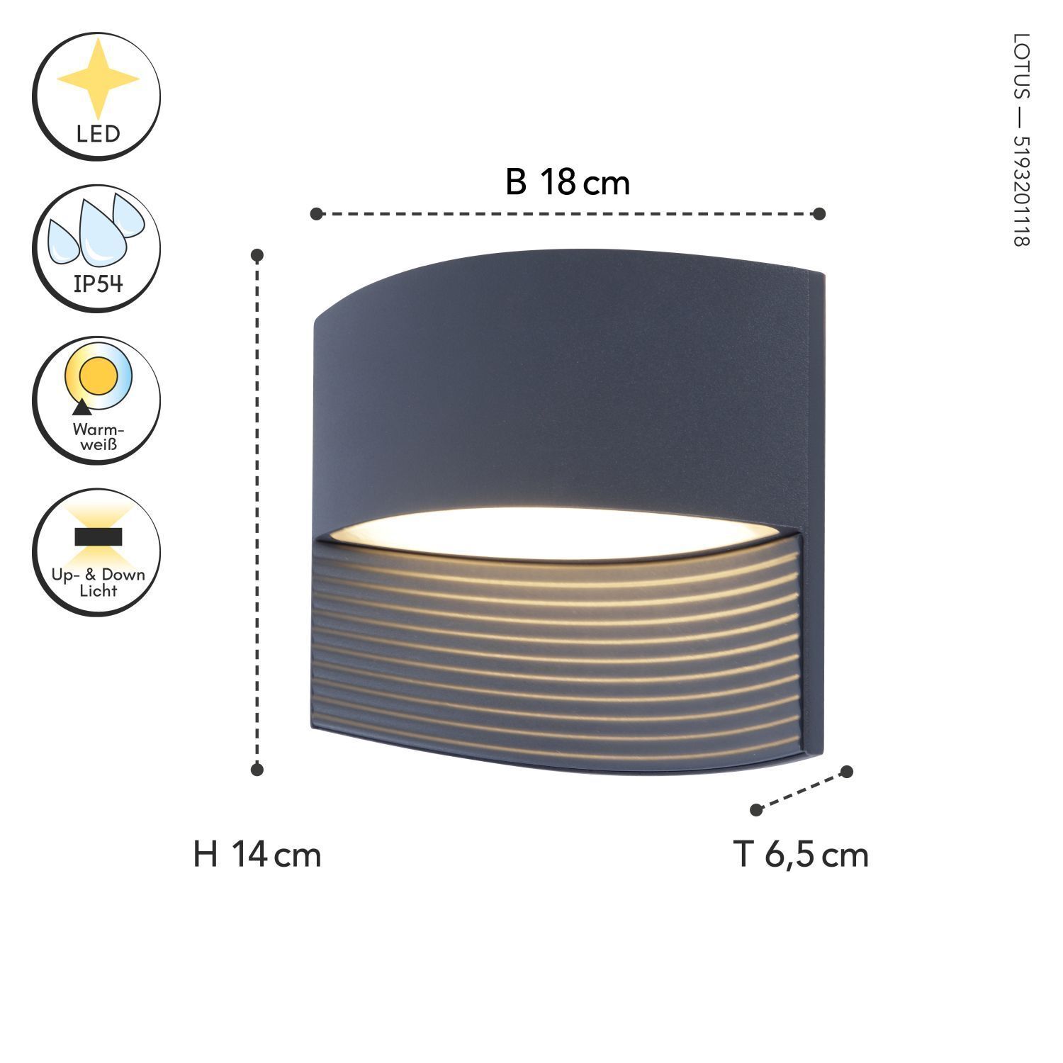 LED Wandlampe Anthrazit Aluminium B:18 cm IP54 3000 K