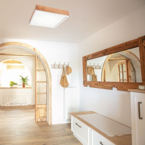 Holz Deckenleuchte Glasschirm E27 B:48 cm blendarm Holz, Drinnen, Innenarchitektur