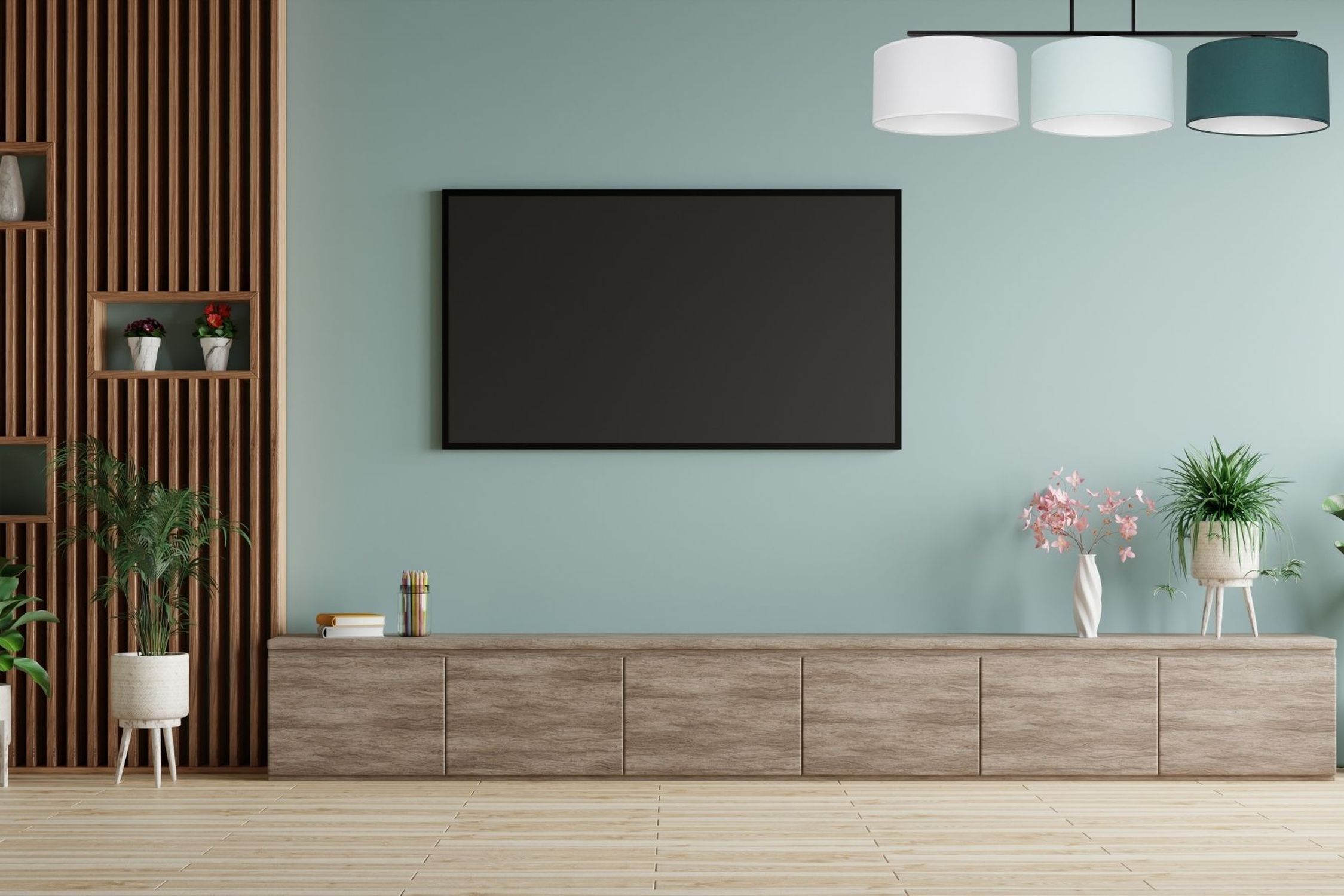 Fernseher, Wandmontage Fernseher, TV-Gerät, Wohnzimmer, Lowboard