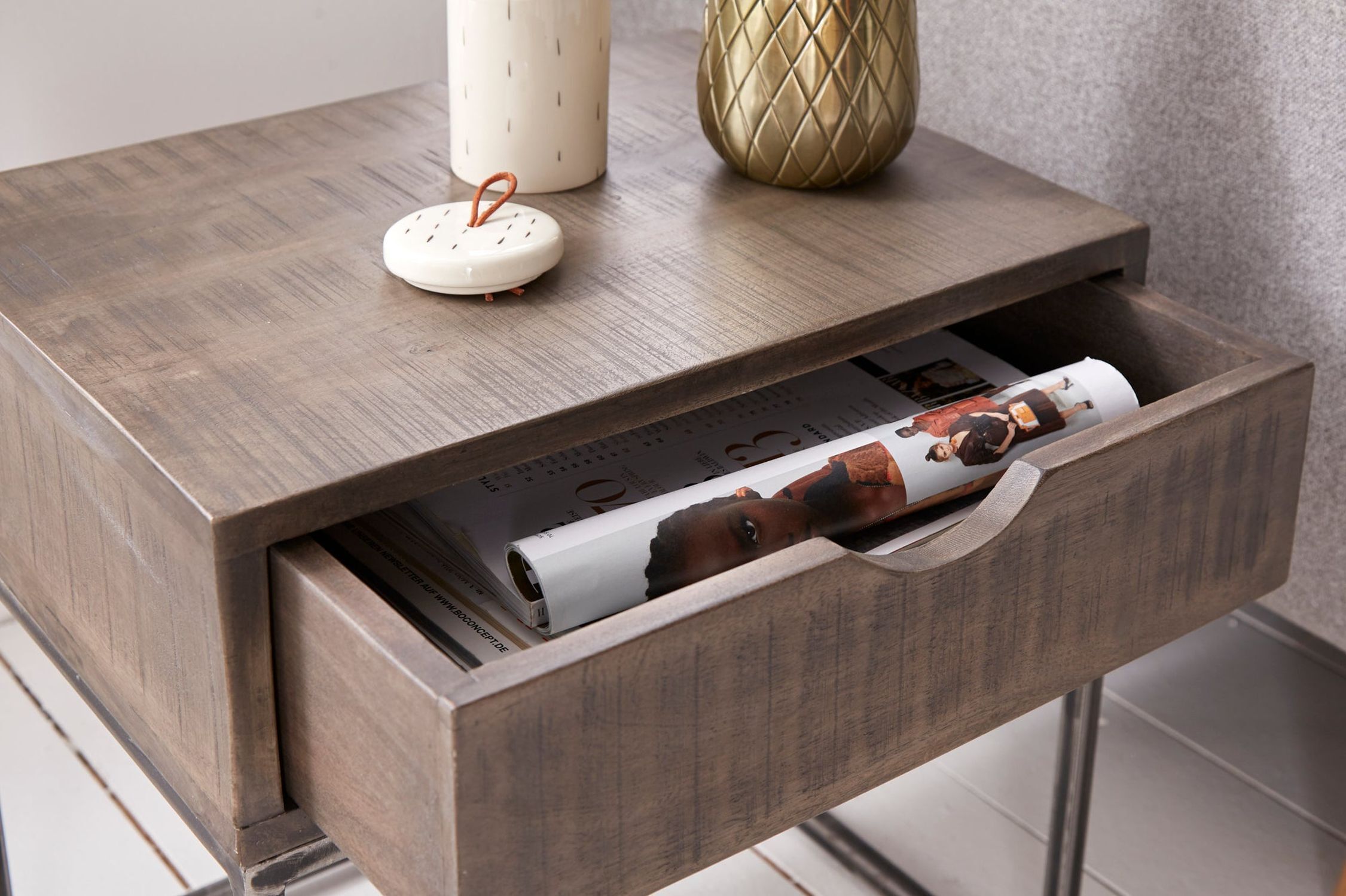 Table de nuit avec tiroir Bois d'acacia Métal Gris Noir