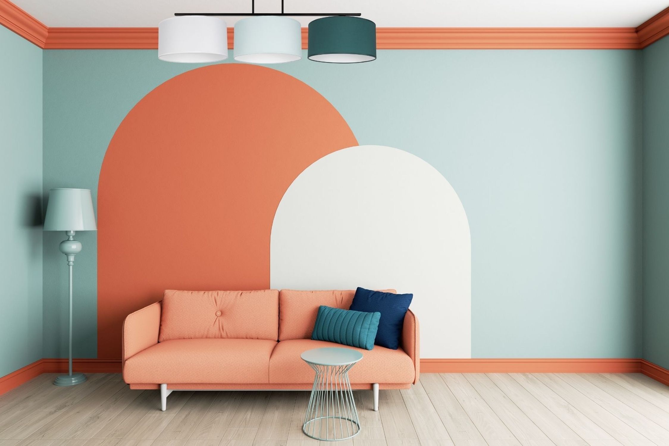 Sofa, Wohnzimmer, Kombination aus Orange und Blau, Kunstvolle Wandgestaltung, Beistelltisch