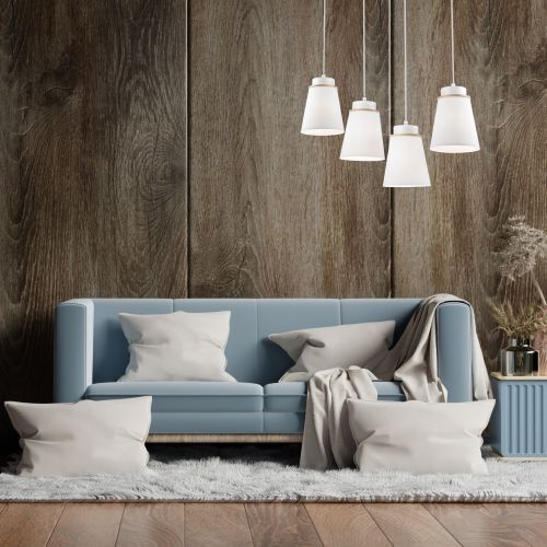 Pendelleuchte Weiß Holz Stoff Metall 4-flmg Lampe