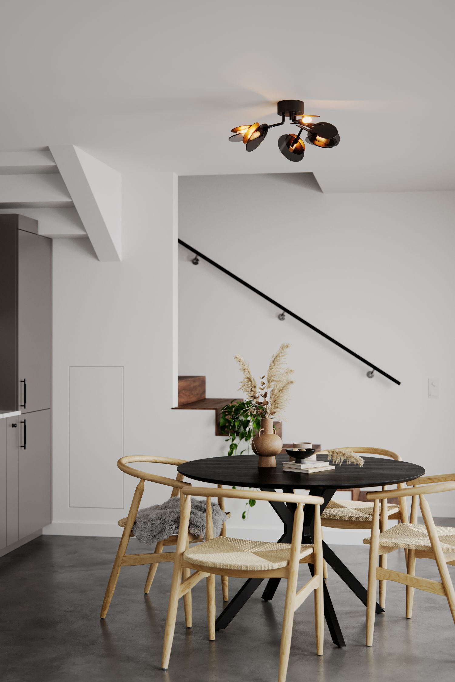 Esstisch, Runder Tisch, Holzstuhl, helle Küche, Wohnzimmerdekor