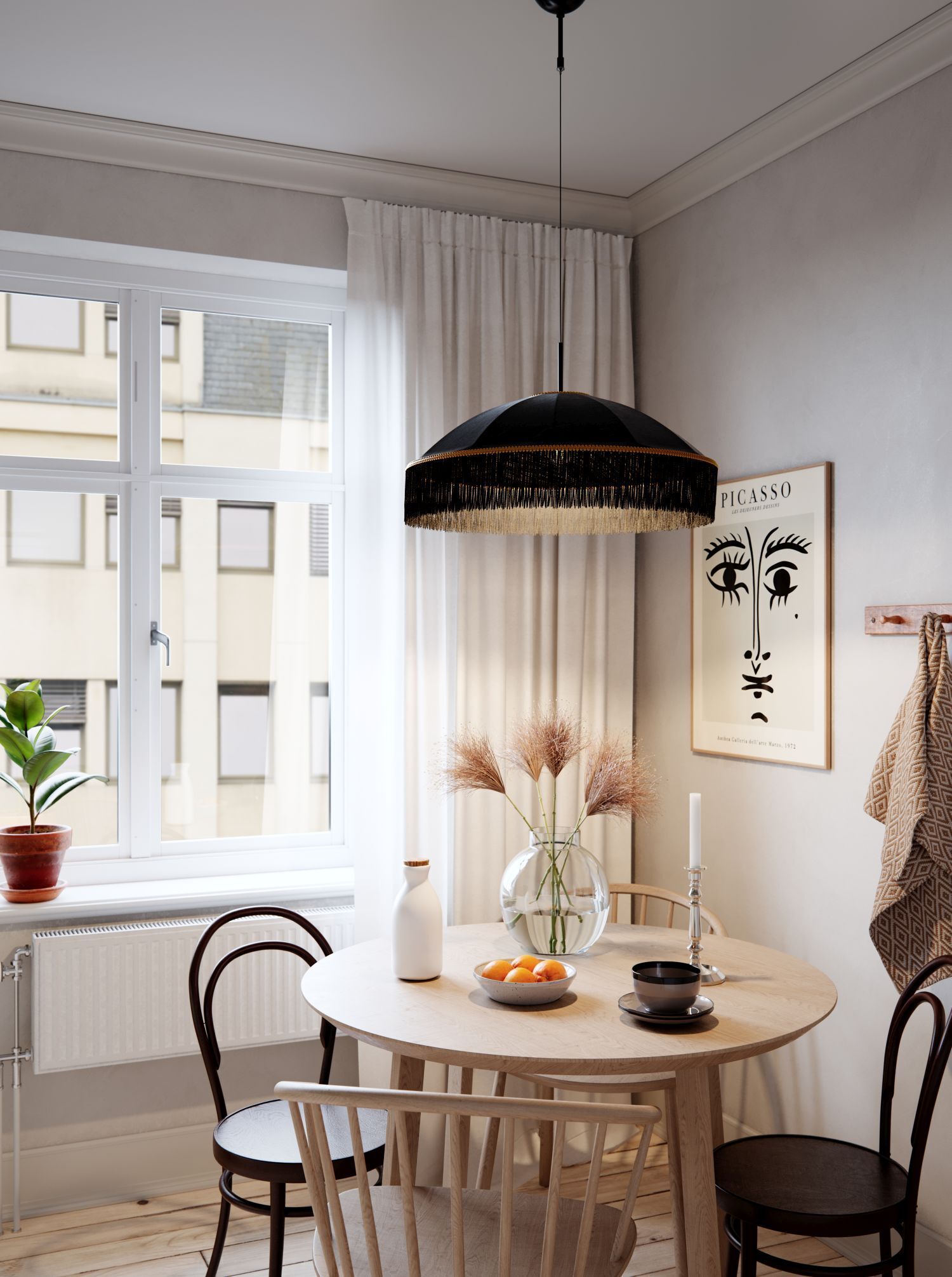 Hängelampe Stoffschirm Fransen D: 60 cm Schwarz Gold E27 Esstisch, Runder Tisch, Holz, Küche/Dining, Dekoration