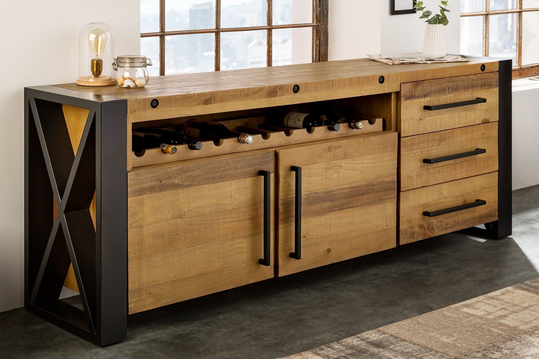 Großes Sideboard Holz Eisen 195 cm breit Industrial Design Moebel, Anrichte, Holz, Hartholz, Gebeiztes Holz