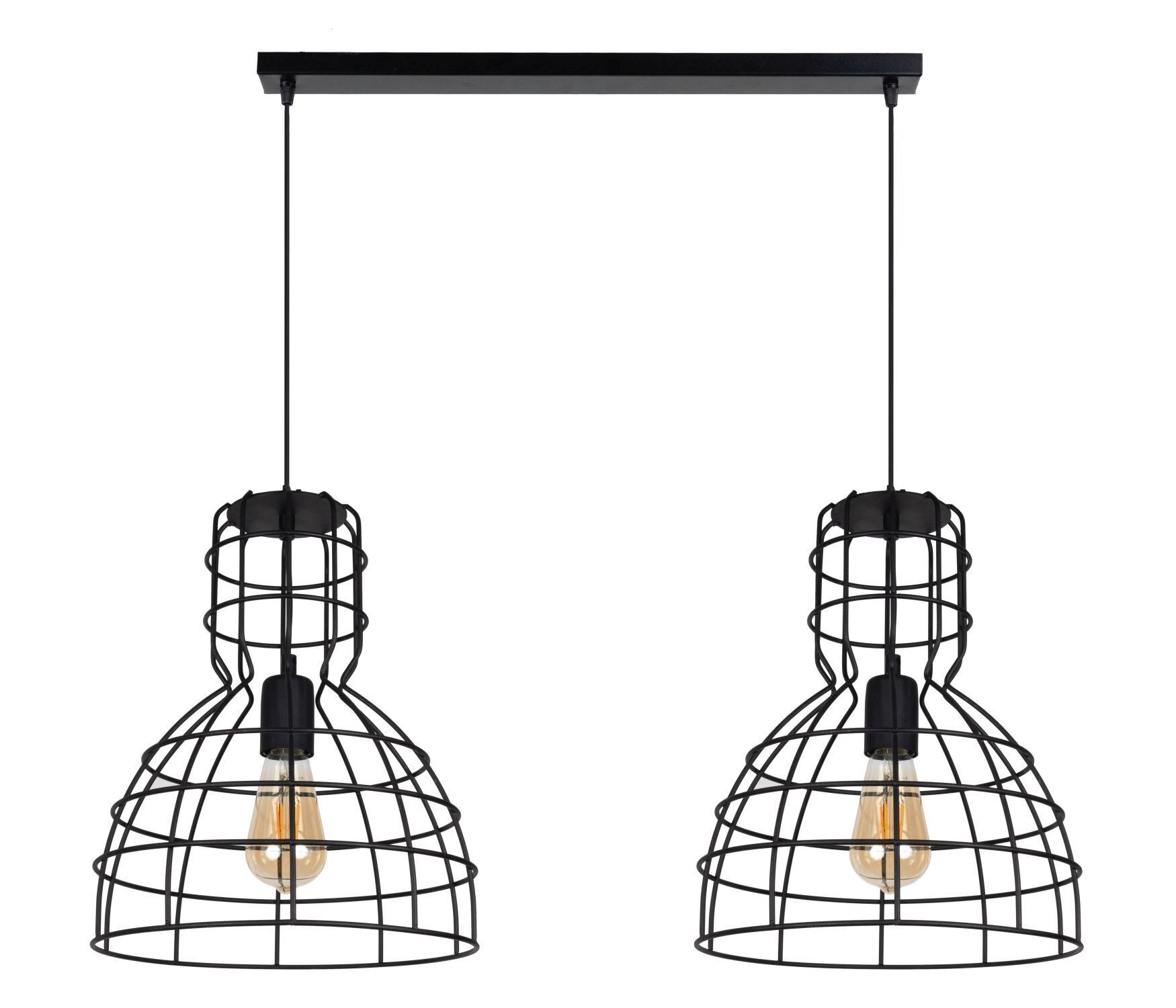 pendant light, double pendant, wire cage, black finish, exposed bulb