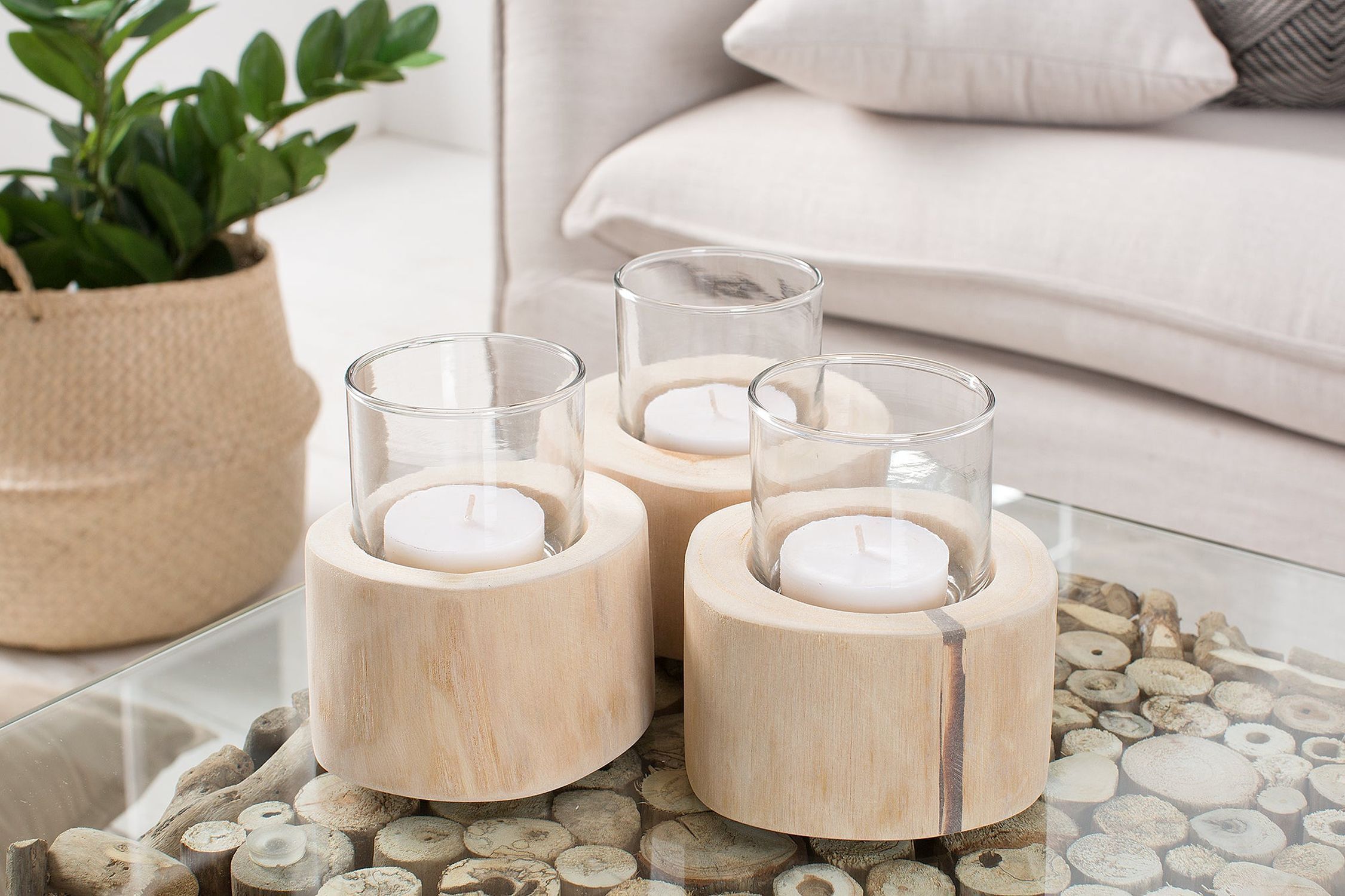 Teelichthalter 3er Set Teakholz Glas Unikat für Außen Innen