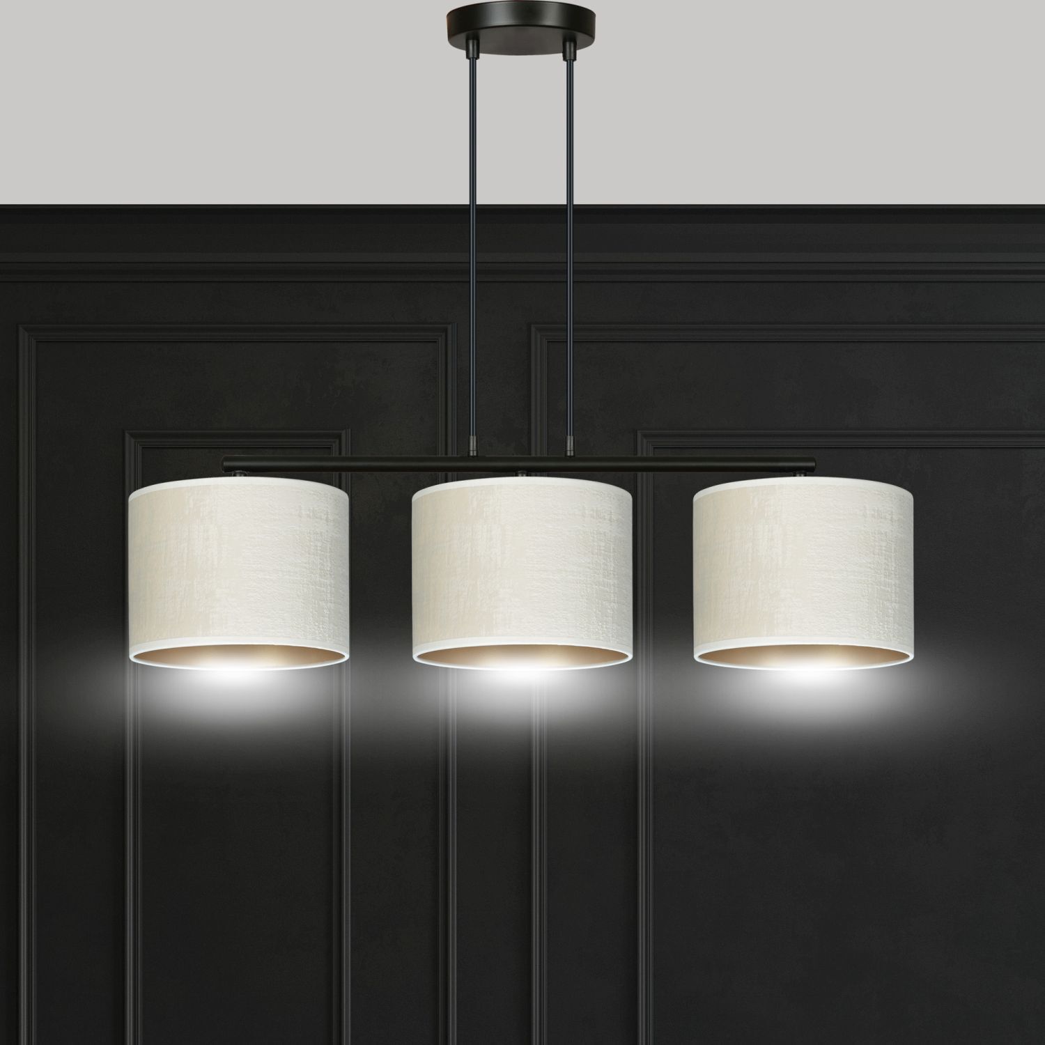 Hängelampe Stoff Metall L: 72 cm Schwarz Weiß Gold 3x E27 Lampe, Kronleuchter