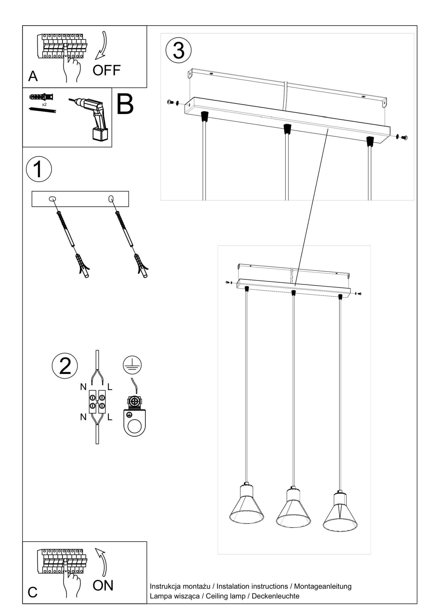 Suspension 3 flammes Retro ES111 Métal noir